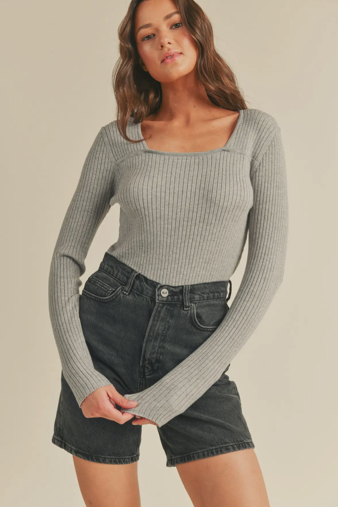 Polly Fitted Square Neck Ribbed Sweater, Heather Grey