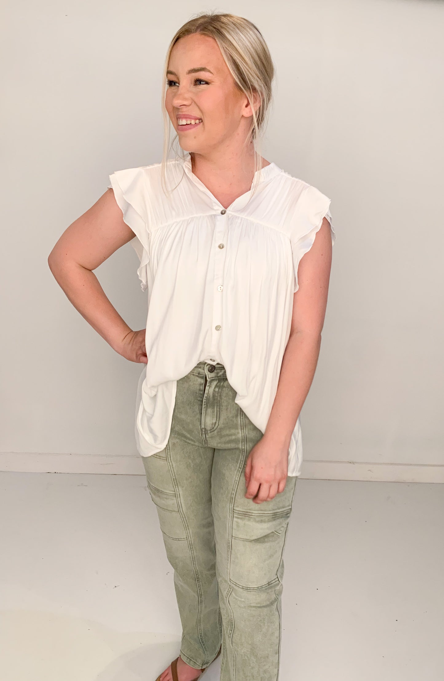 Maria Ruffle Sleeve Button Down Flowy Tunic Top, White