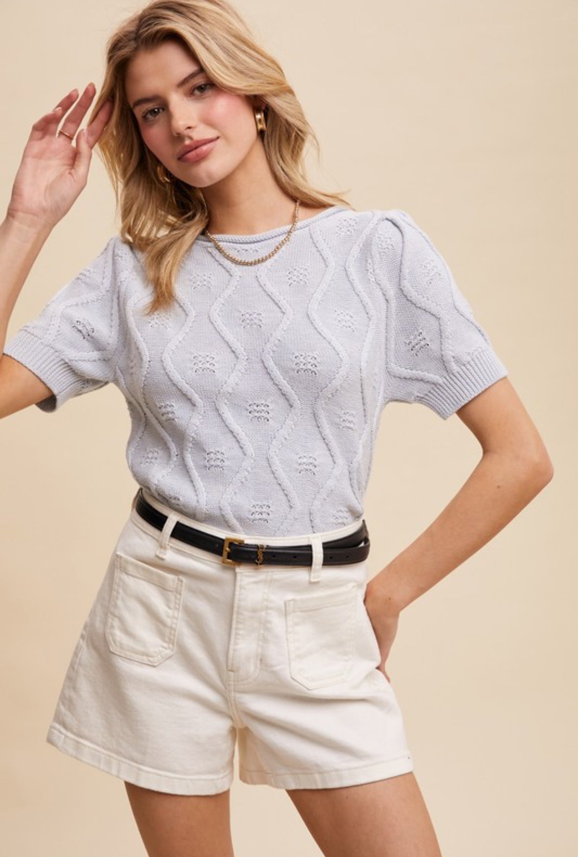 Helen Textured Puff Sleeve Knit Top, Satin Blue