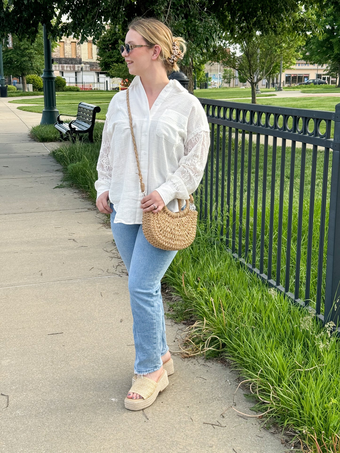 Athens Linen Button Up w/ Crochet Sleeves, White