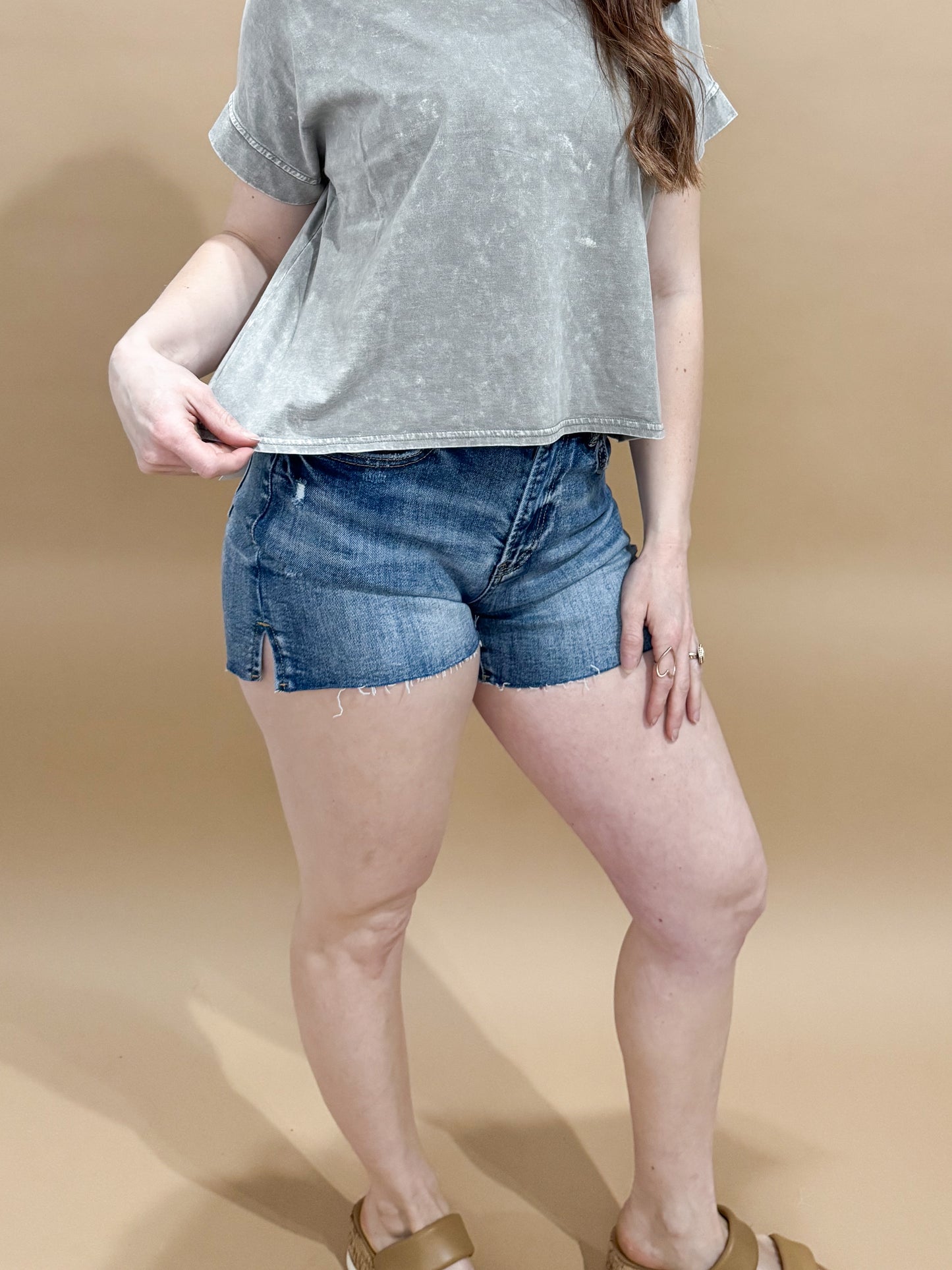 Iris High Rise Raw Hem Vintage Blue Wash Shorts, Mica Denim