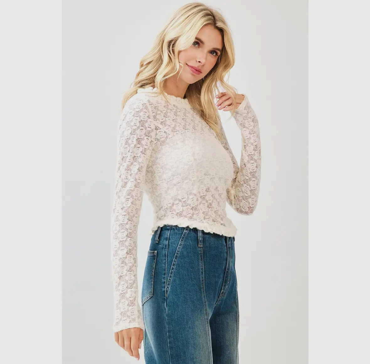 Drew Lace Sleeve Curved Hem Crop Top, Cream