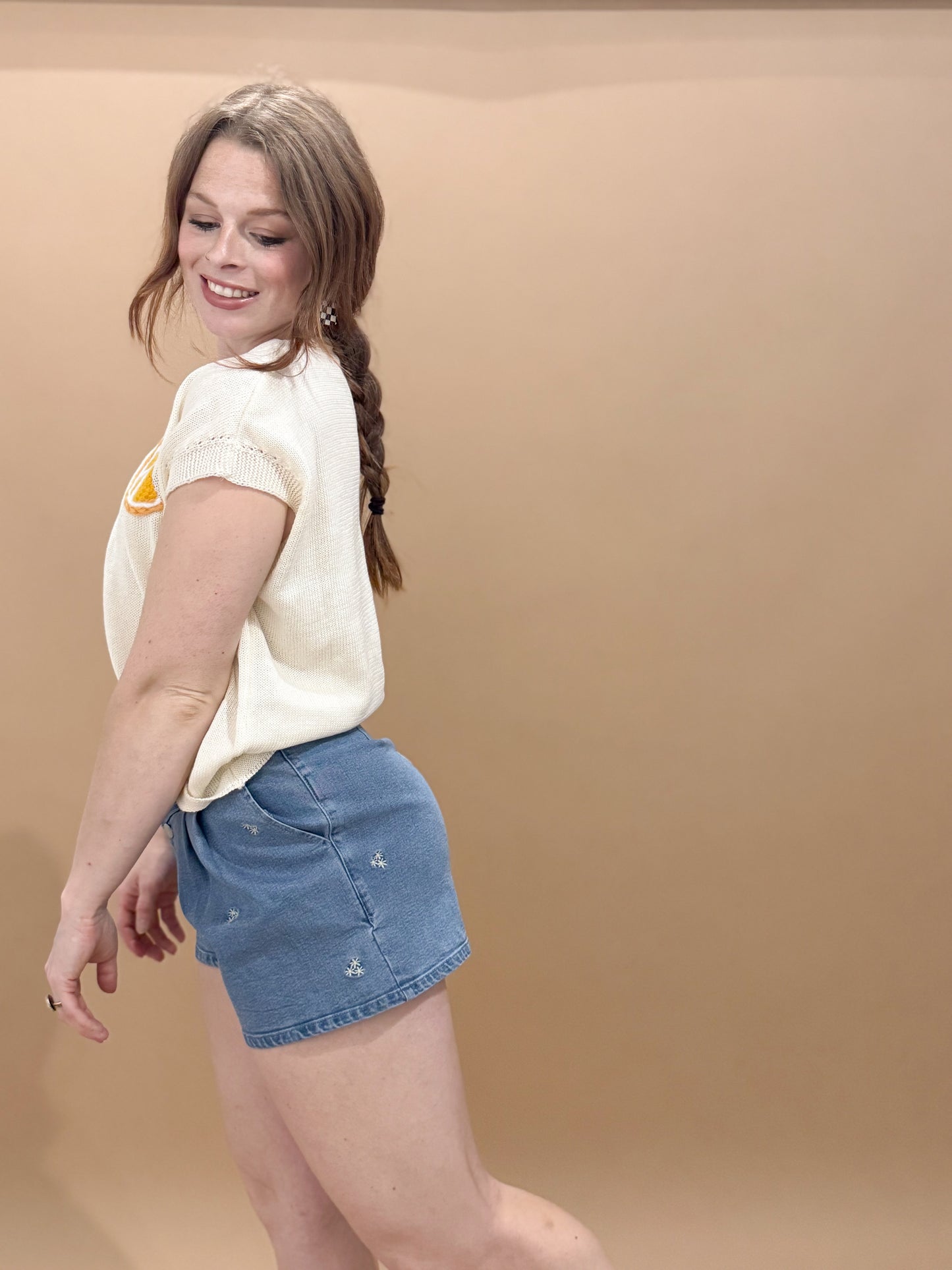 Greta Floral Embroidered Pleated Denim Shorts, Lt Denim