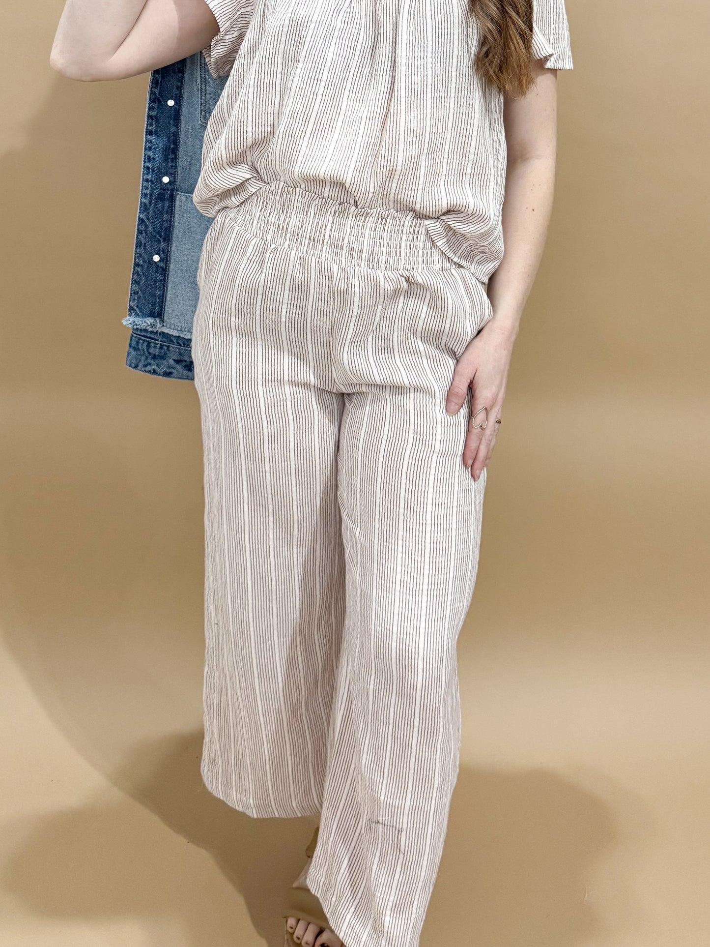 Zena Striped Gauze Flowy Cropped Leg Pants, Amber (matching set)