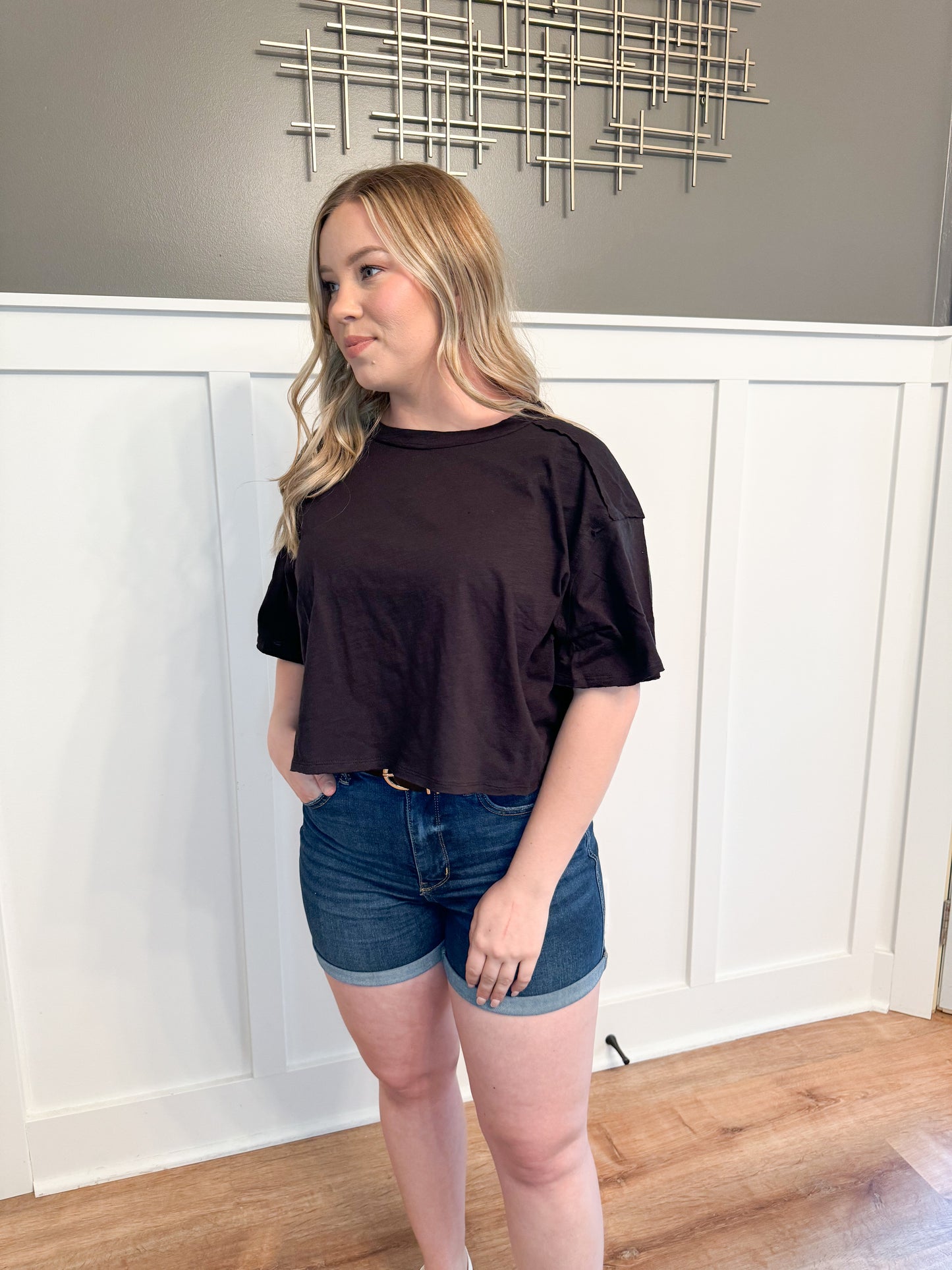 Rizzo Cotton Slub Cropped Tee, Black