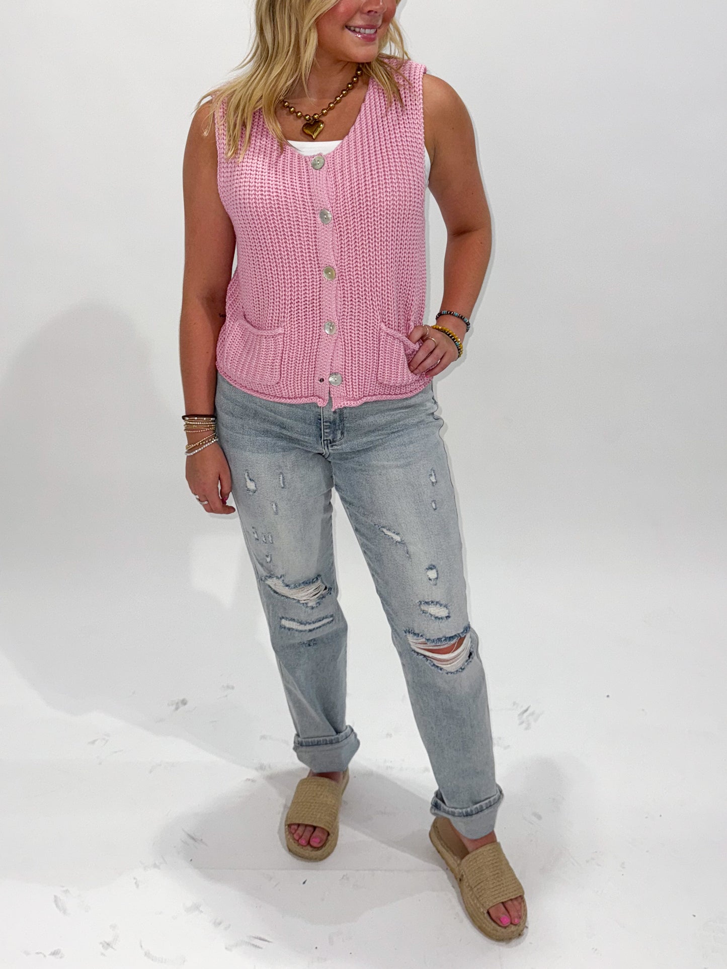 Hazel Button Down Chunky Knit Sweater Vest, Pink