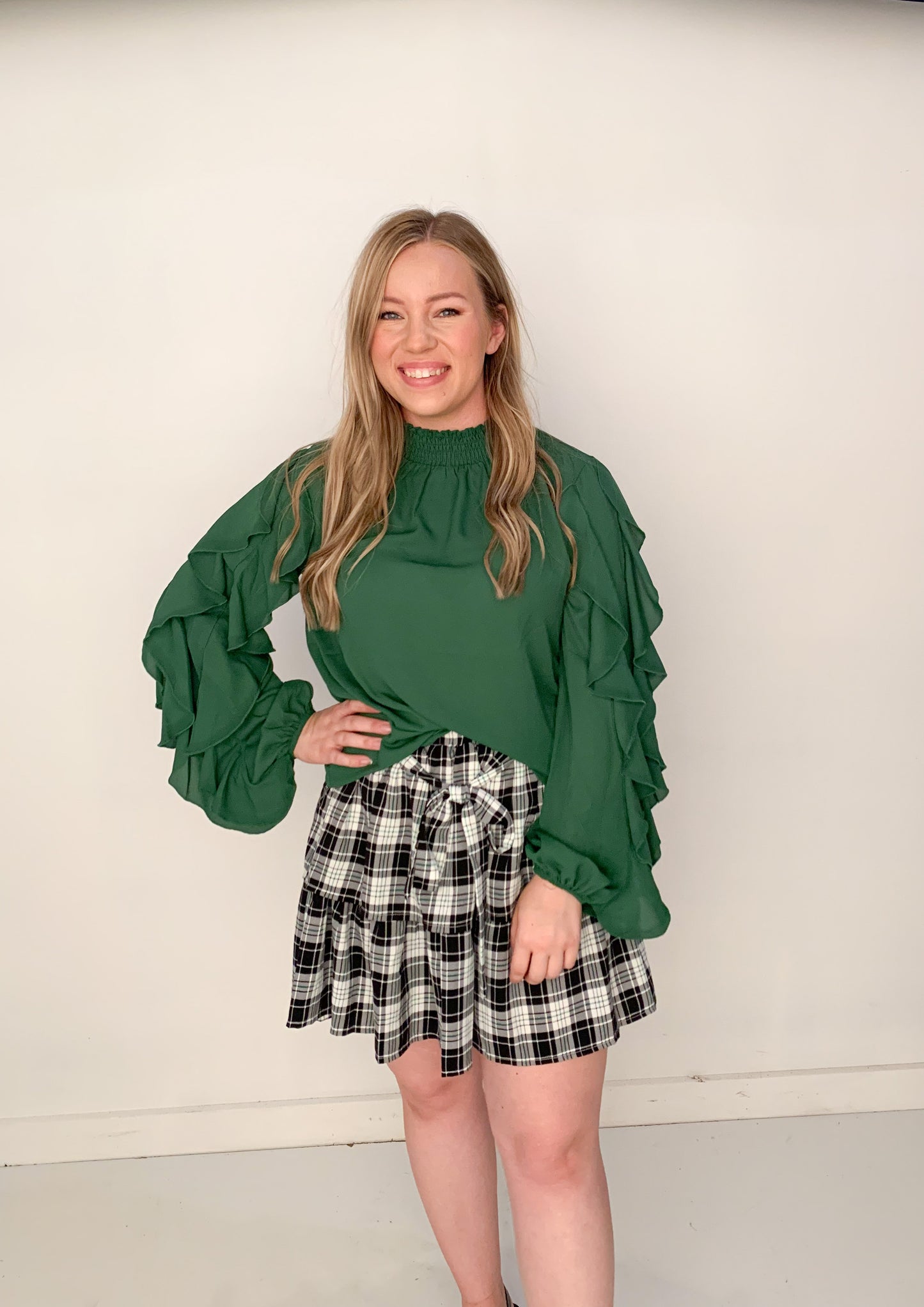 Emily Smocked Mock Neck Ruffle Sleeve Blouse, Hunter Green
