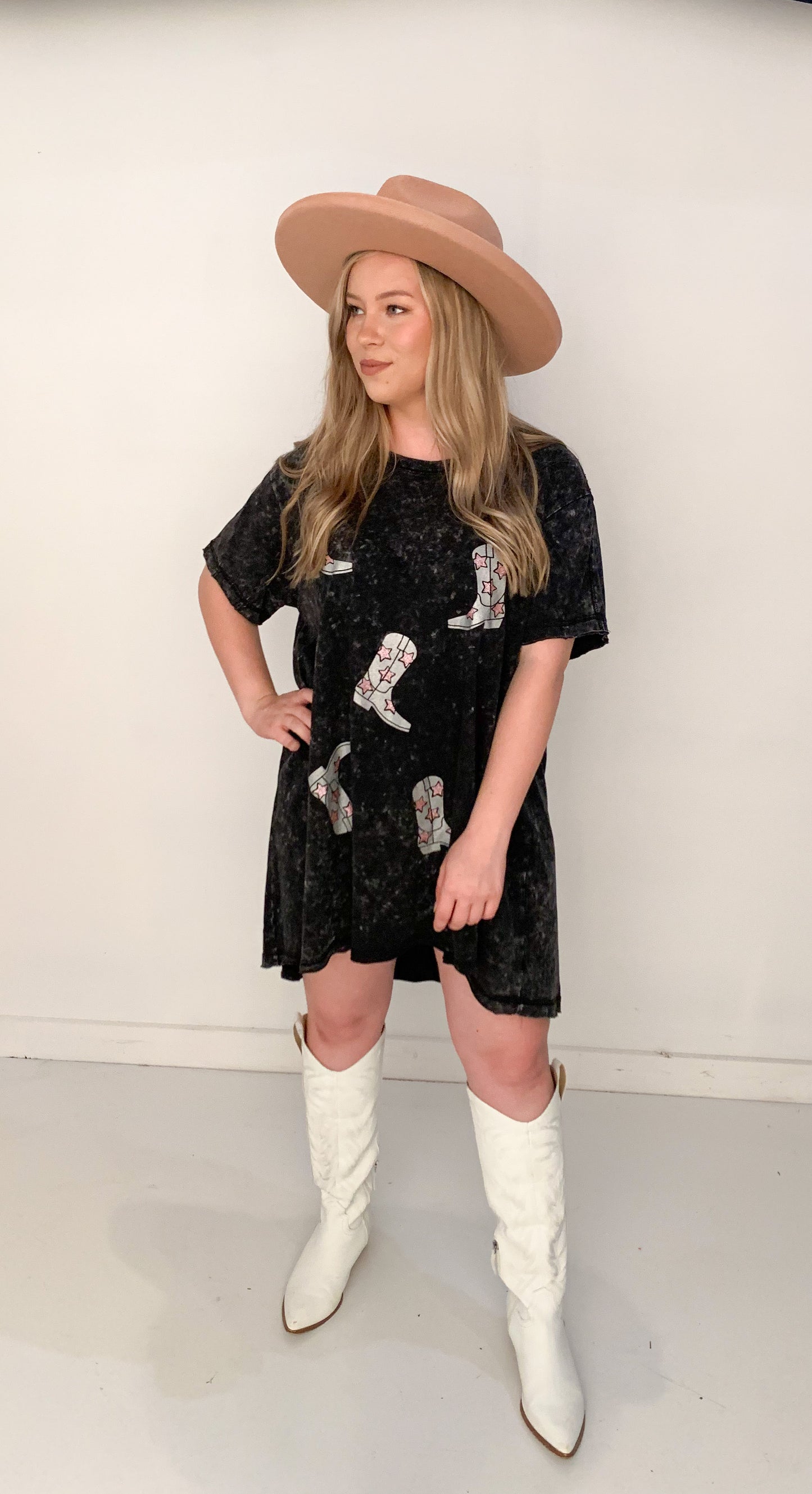 Metallic Cowboy Boot Mineral Wash Tee Shirt Dress, Black