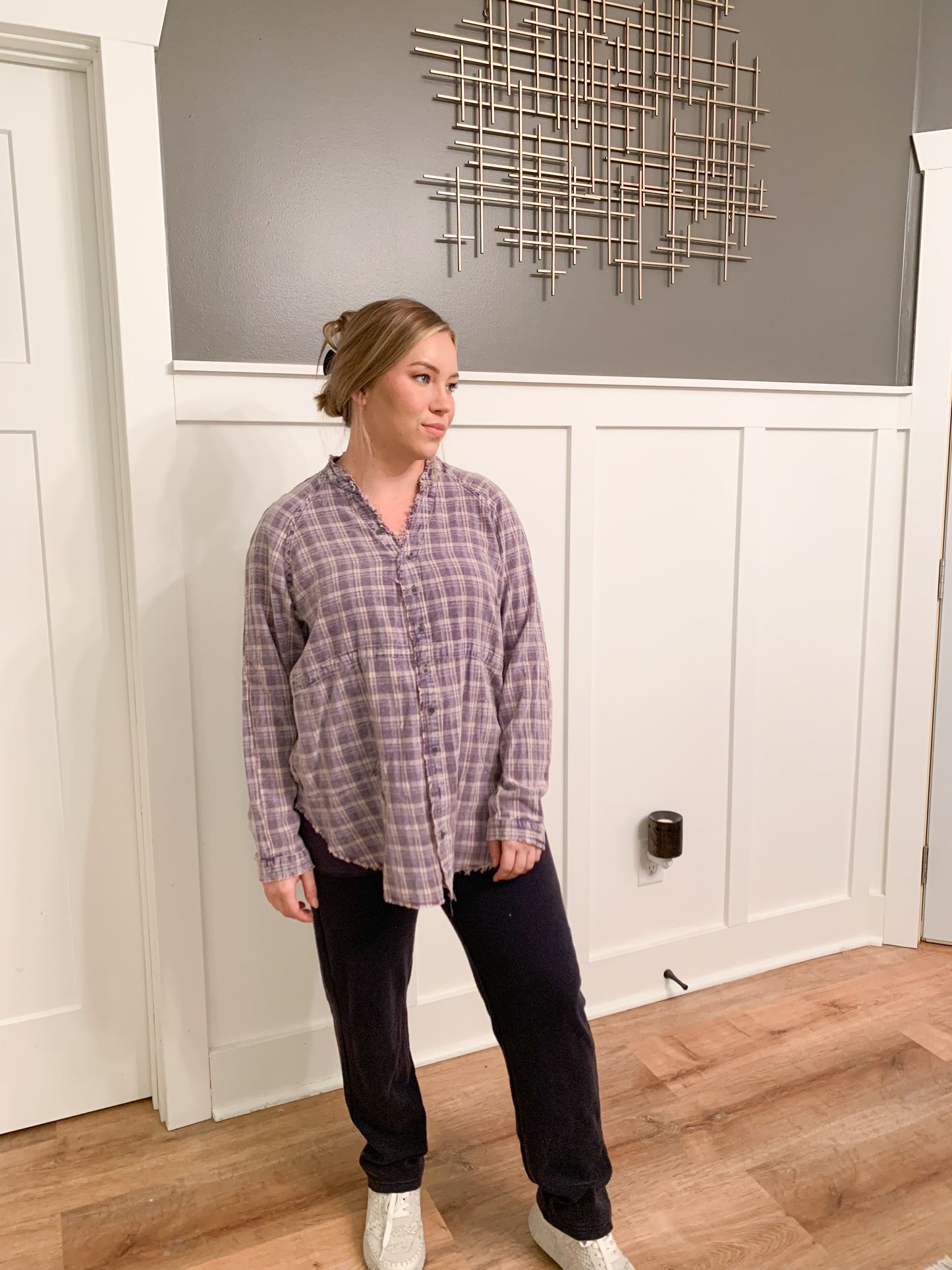 Sophia Mineral Washed Plaid Tunic Shirt, Purple