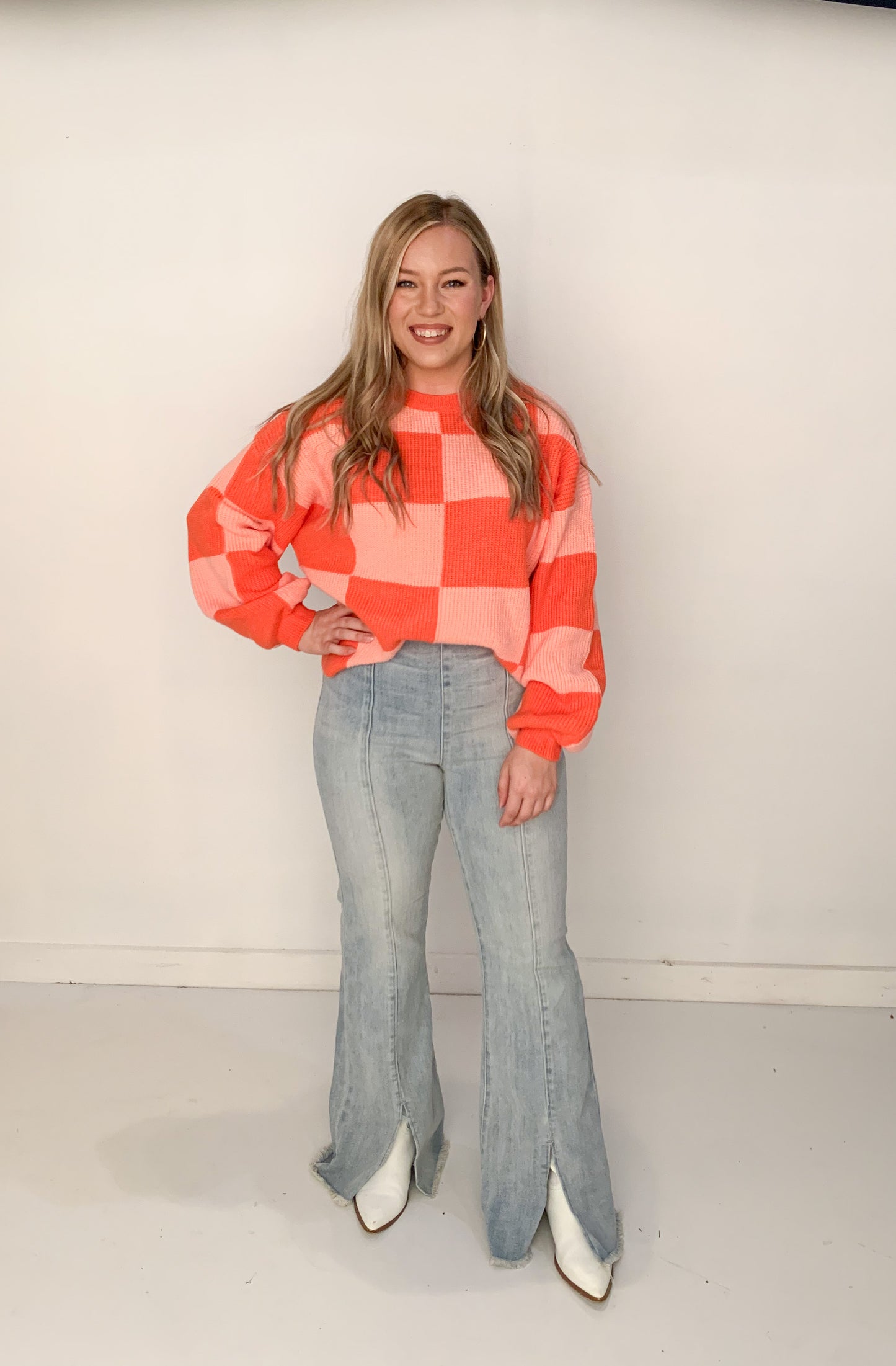 Modern Groove Checkered Sweater, Orange Apricot