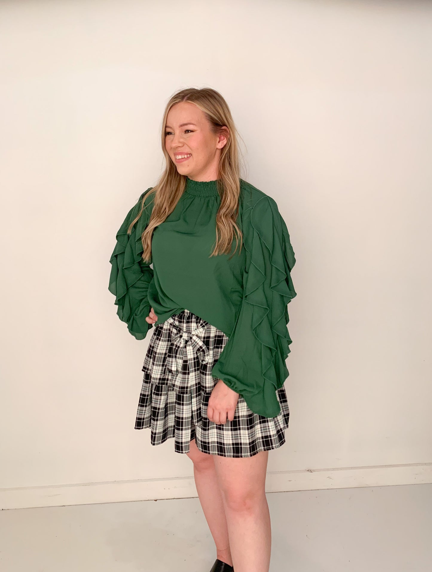Emily Smocked Mock Neck Ruffle Sleeve Blouse, Hunter Green