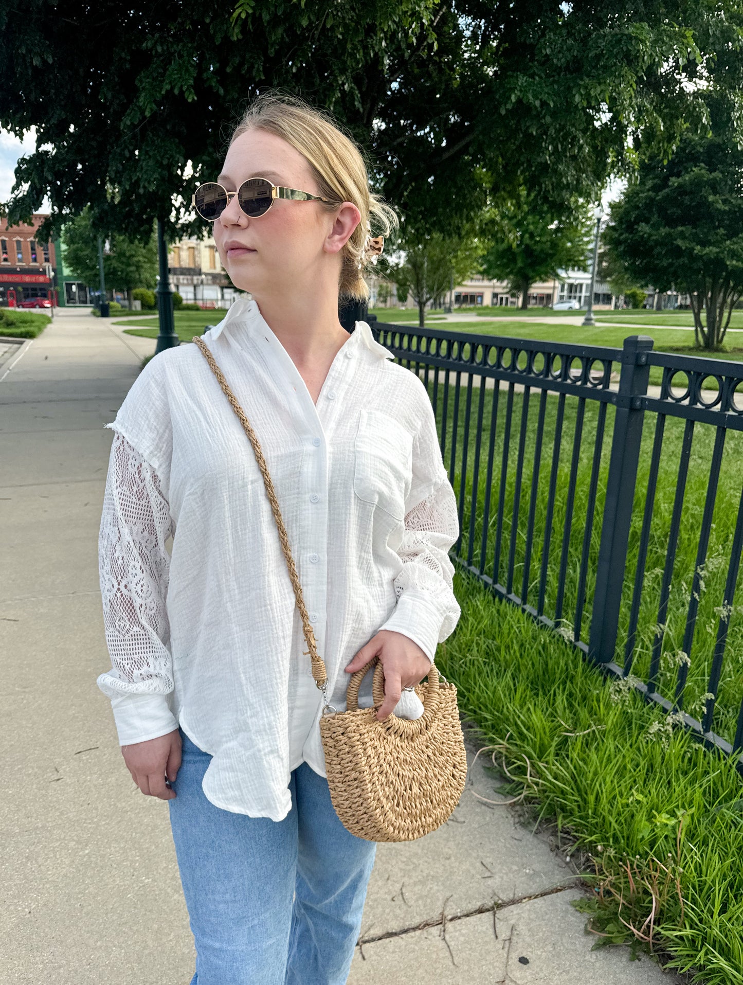 Athens Linen Button Up w/ Crochet Sleeves, White