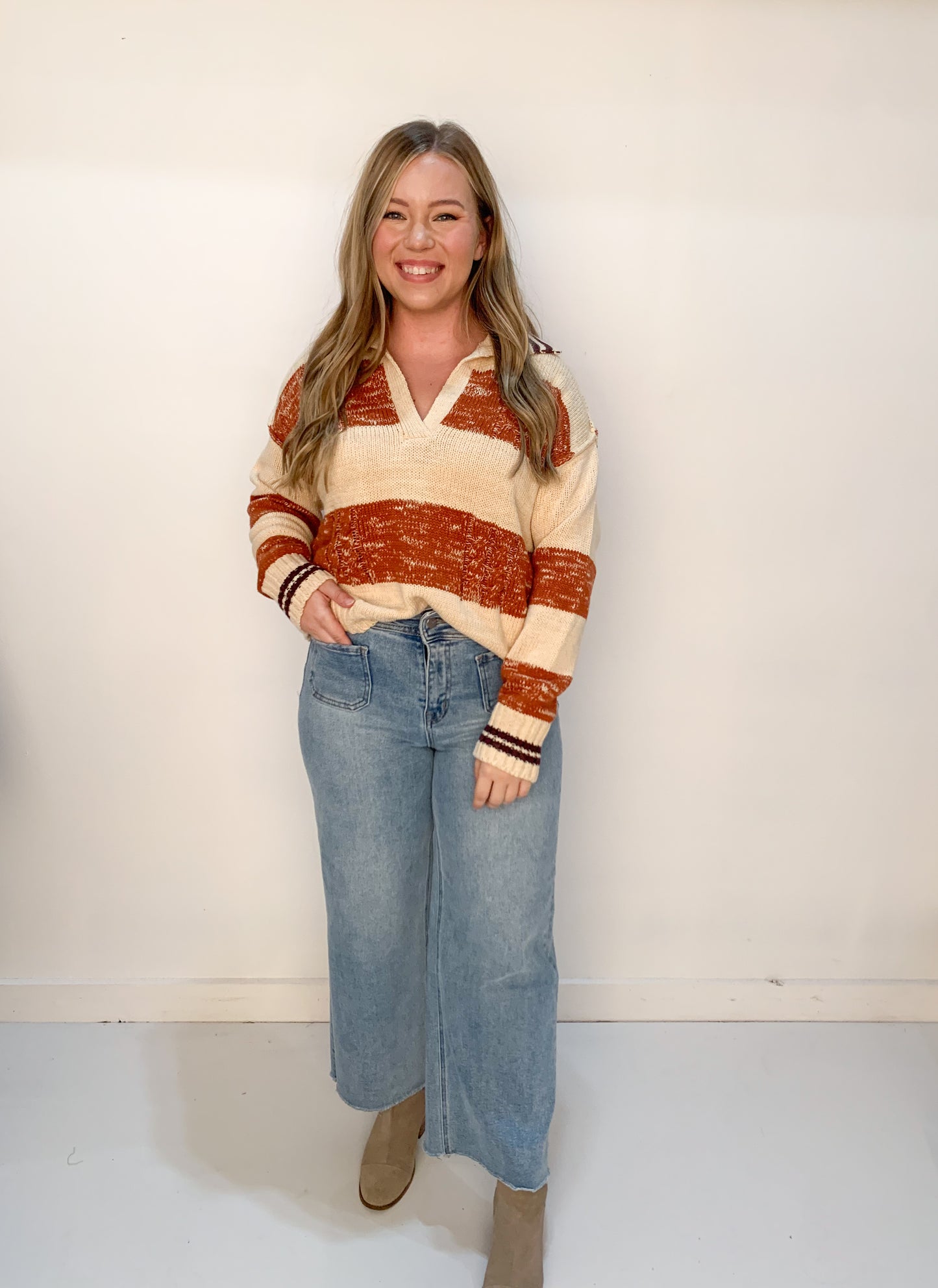 Archer Stripe Collared V-Neck Sweater, Terracotta