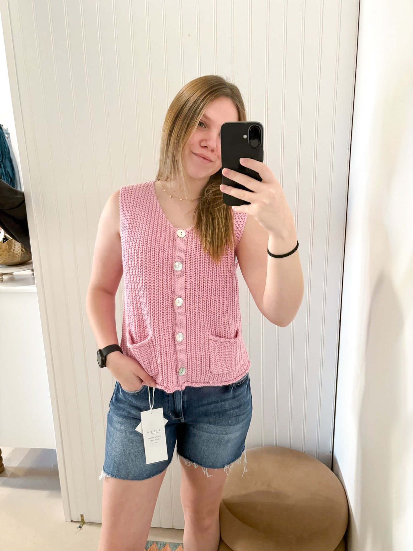 Hazel Button Down Chunky Knit Sweater Vest, Pink