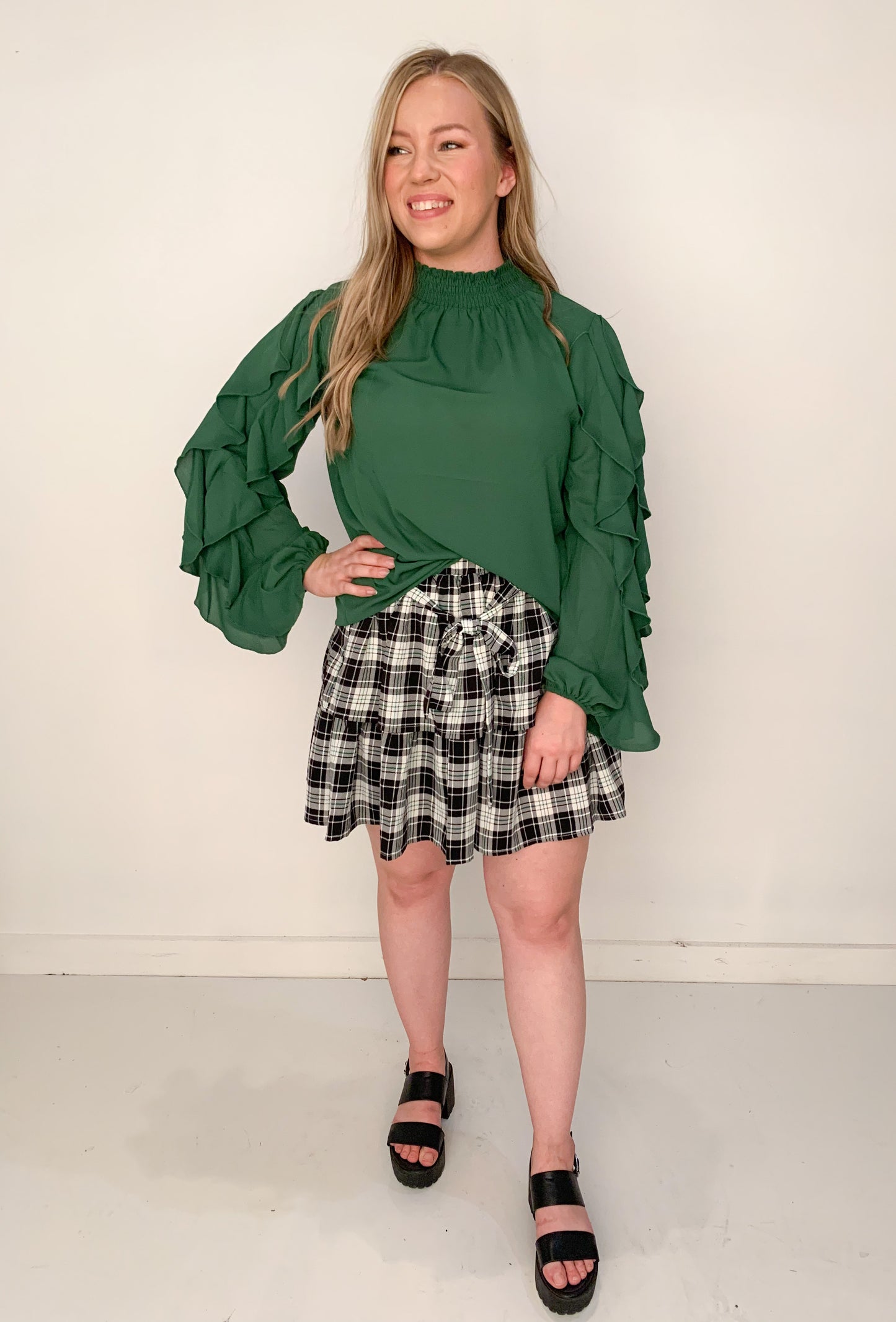 Emily Smocked Mock Neck Ruffle Sleeve Blouse, Hunter Green