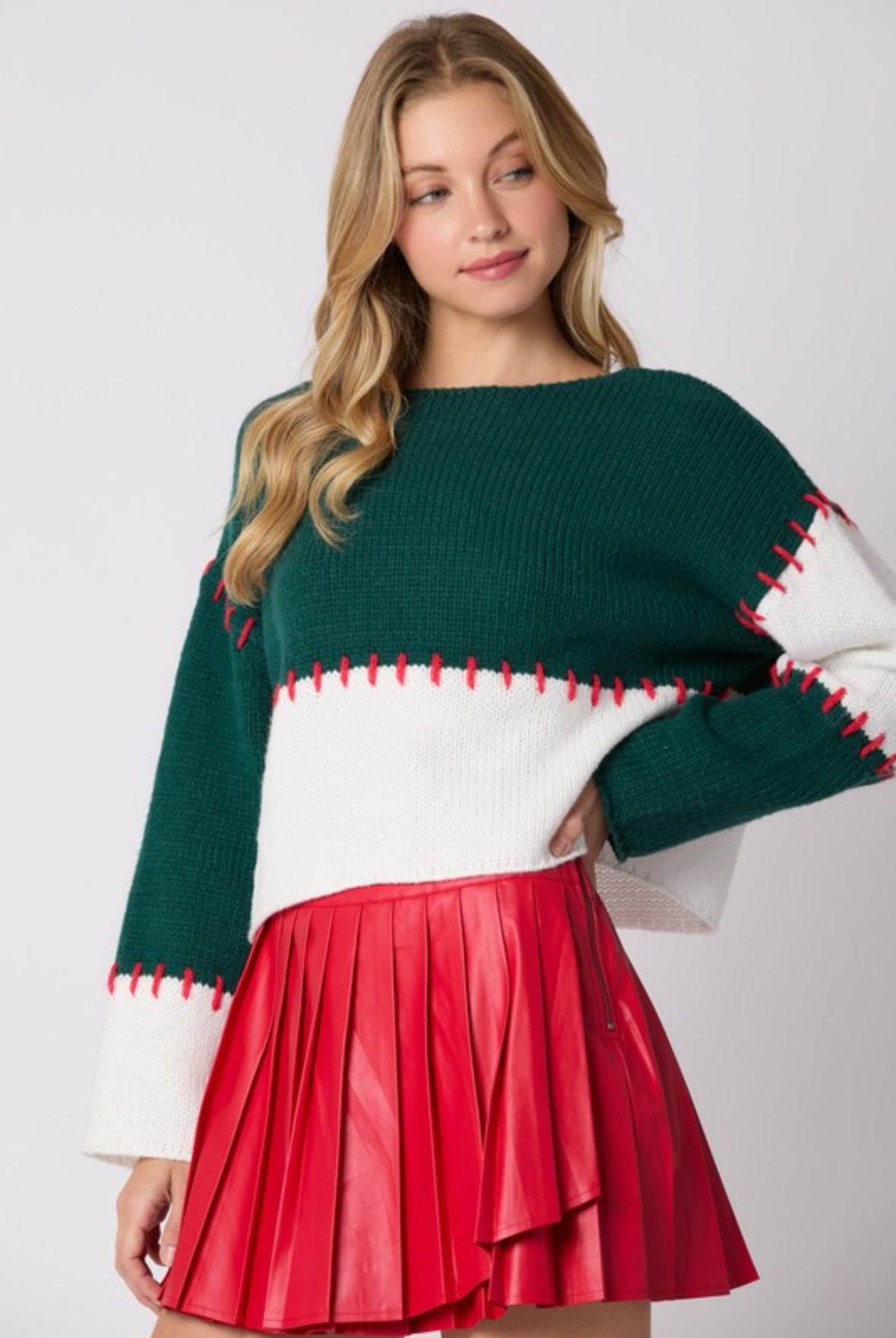 Mary Jane Color Block Stitched Sweater, Hunter/White