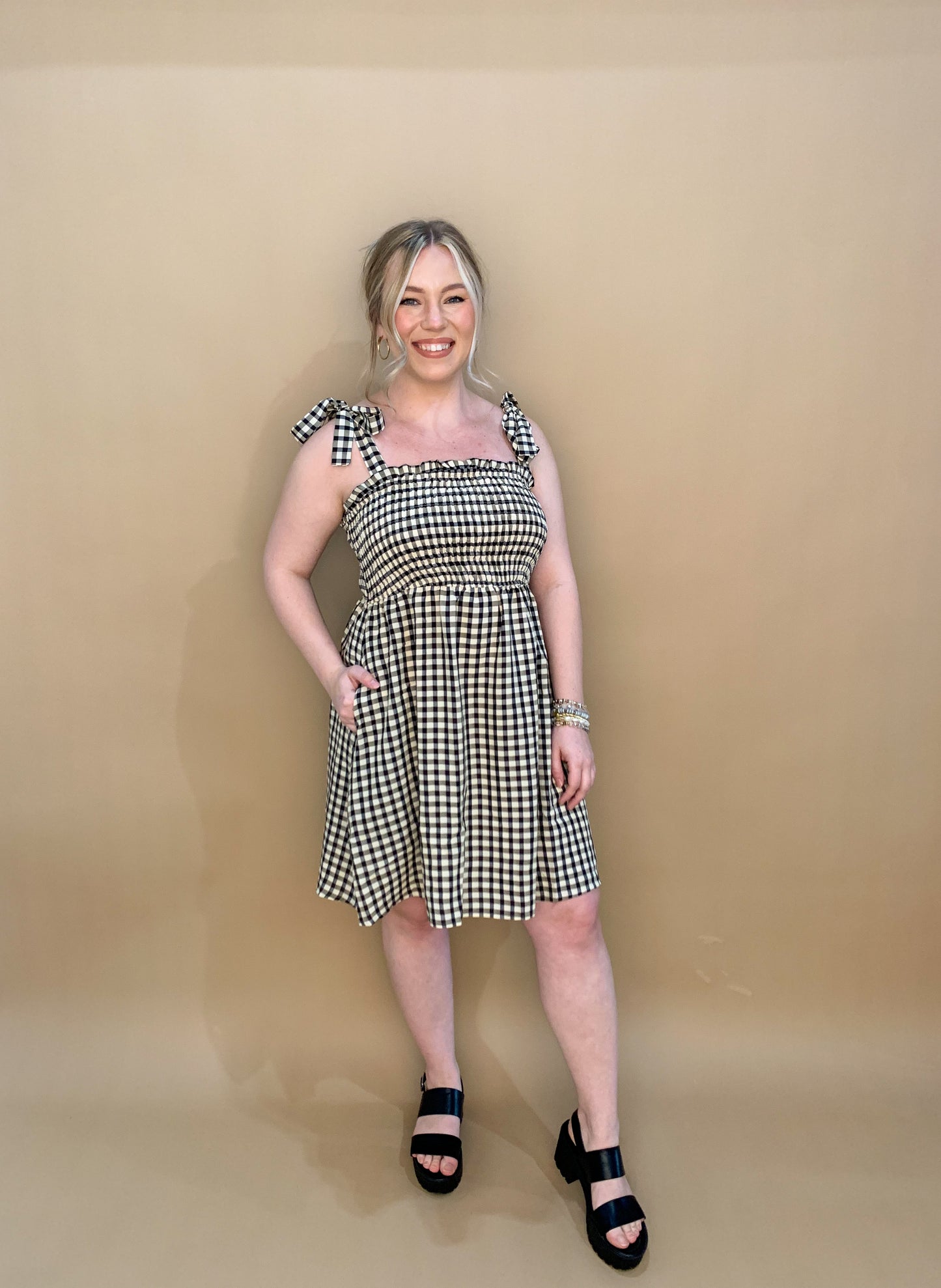 Kinley Gingham Smocked Dress, Black/Tan