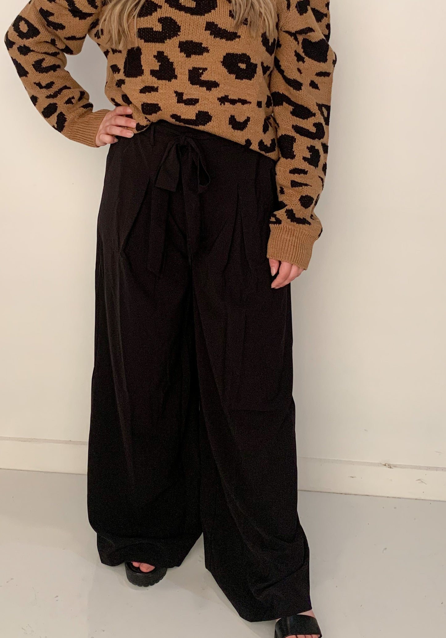 Lydia High Waisted Pleated Wide Leg Pants, Black