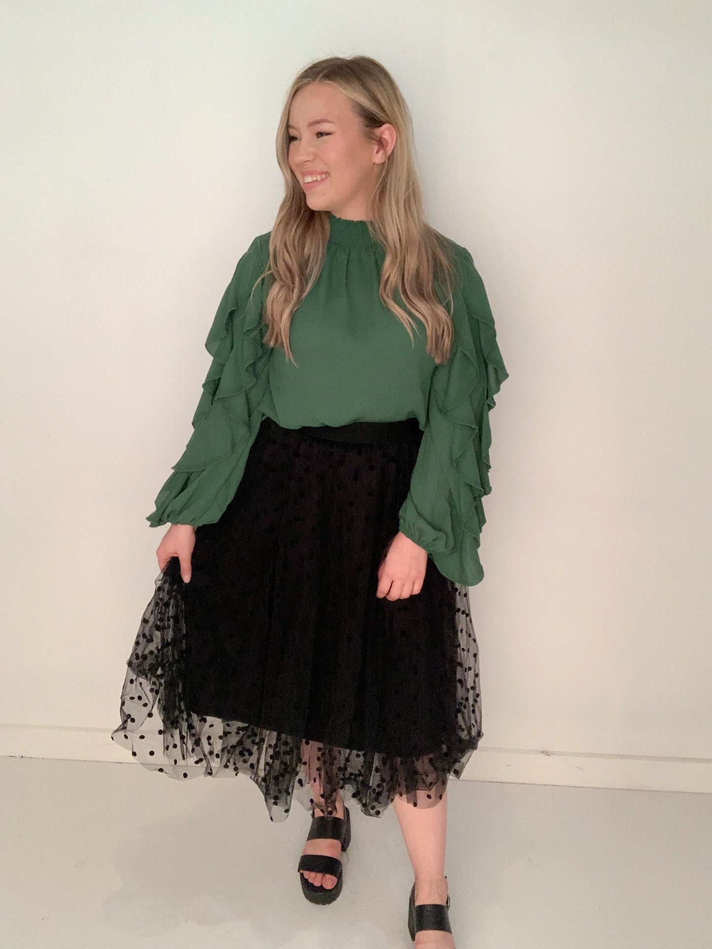 Emily Smocked Mock Neck Ruffle Sleeve Blouse, Hunter Green