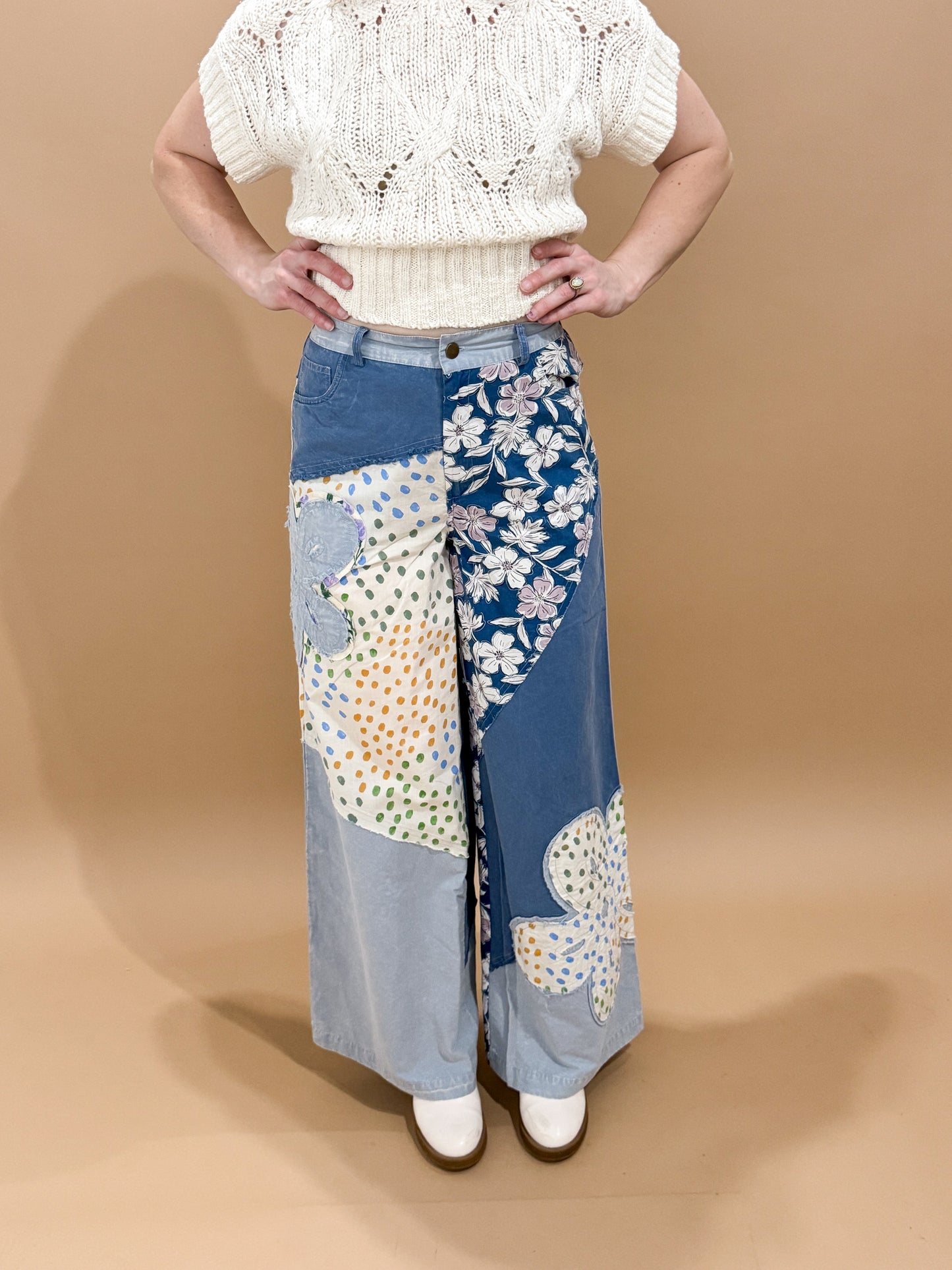 Anika Flower Patch Mixed Print Woven Wide Leg Pants, Denim