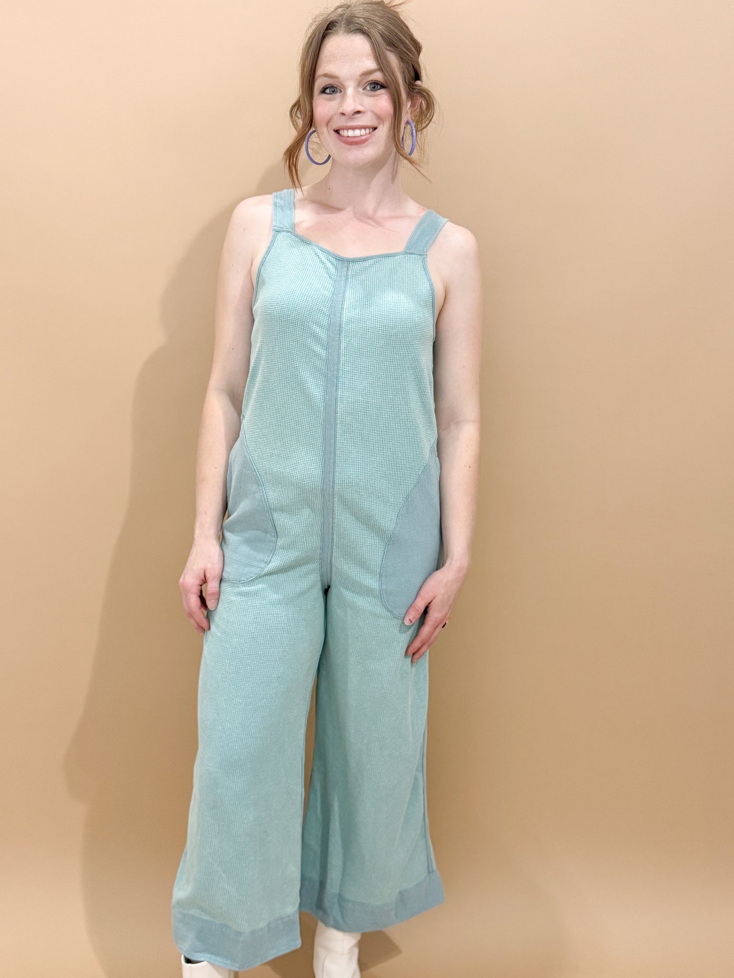 Ellen Mineral Wash Waffle Knit Jumpsuit, Blue