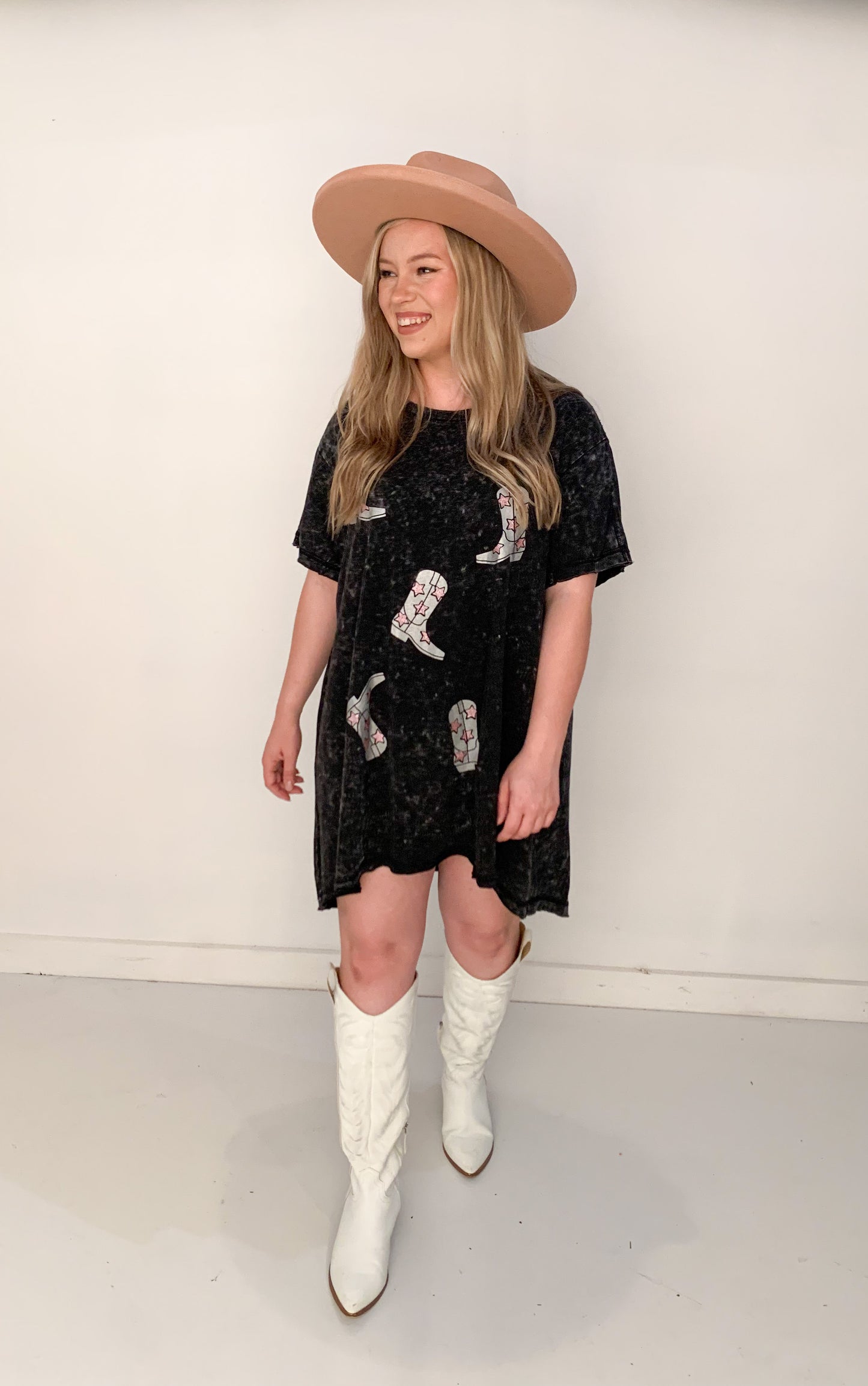 Metallic Cowboy Boot Mineral Wash Tee Shirt Dress, Black