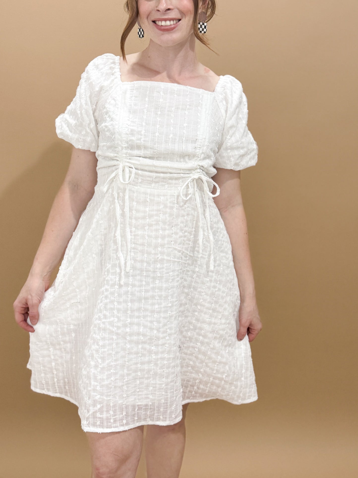 Lila Textured Square Neck Cinched Bust Dress, White