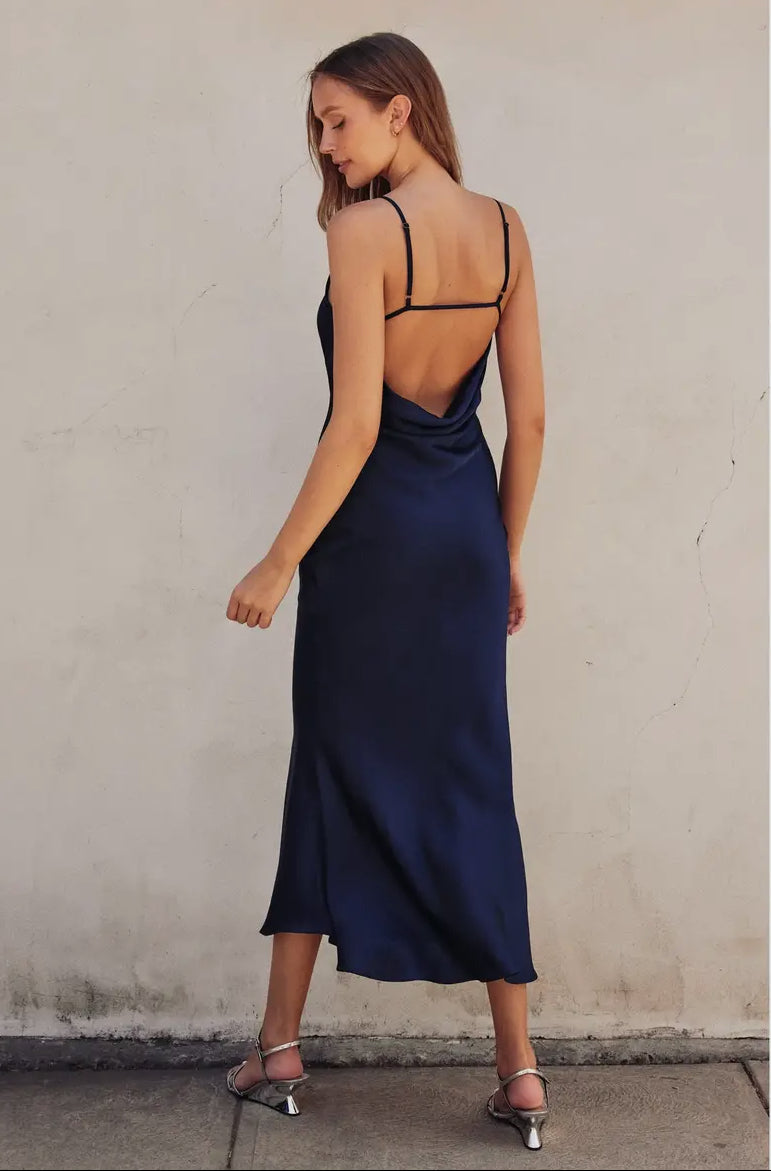 Night on the Town Chevron Seam Open Back Dress, Navy