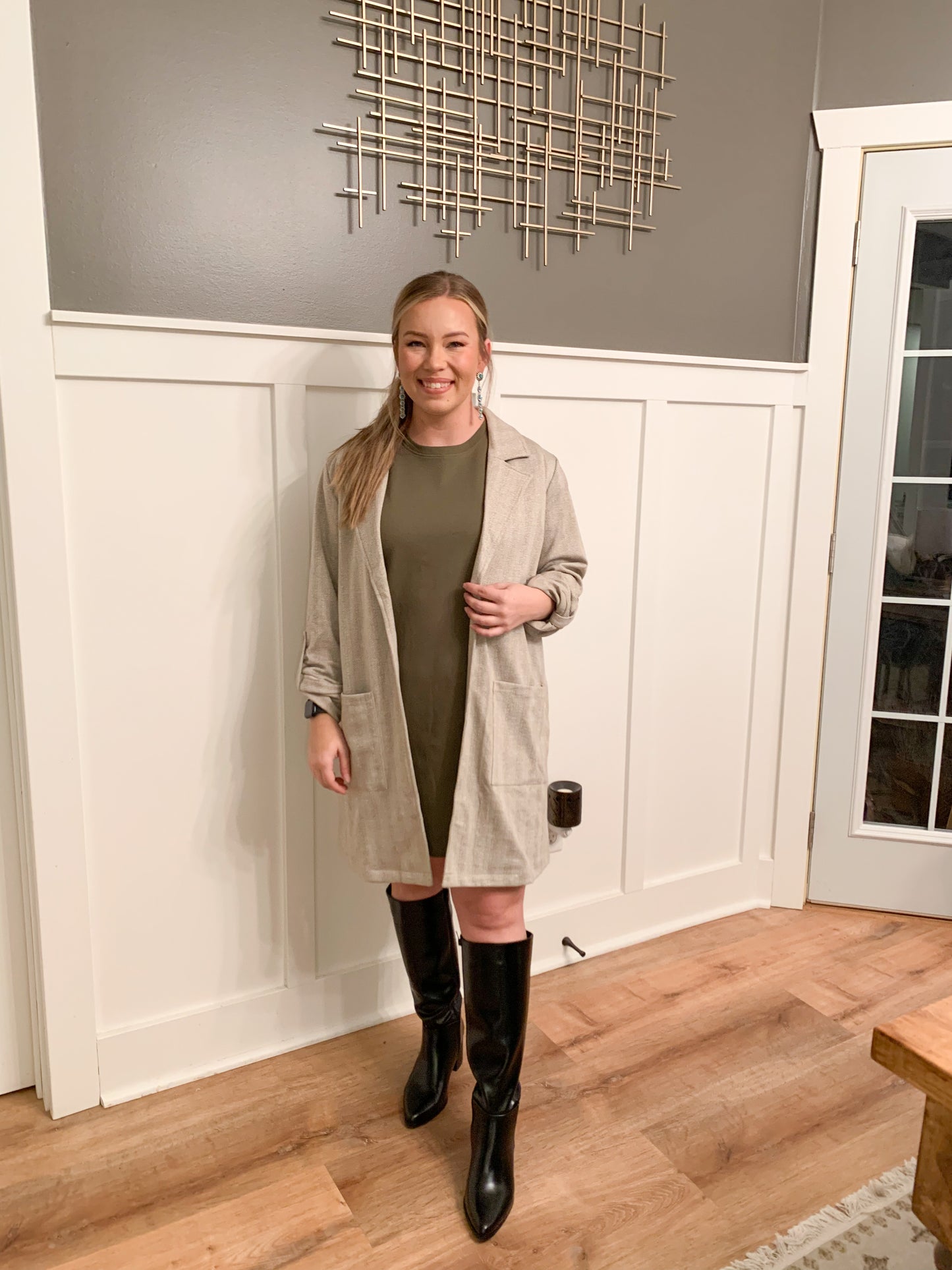 Margo T-Shirt Dress with Studded Sleeves, Olive