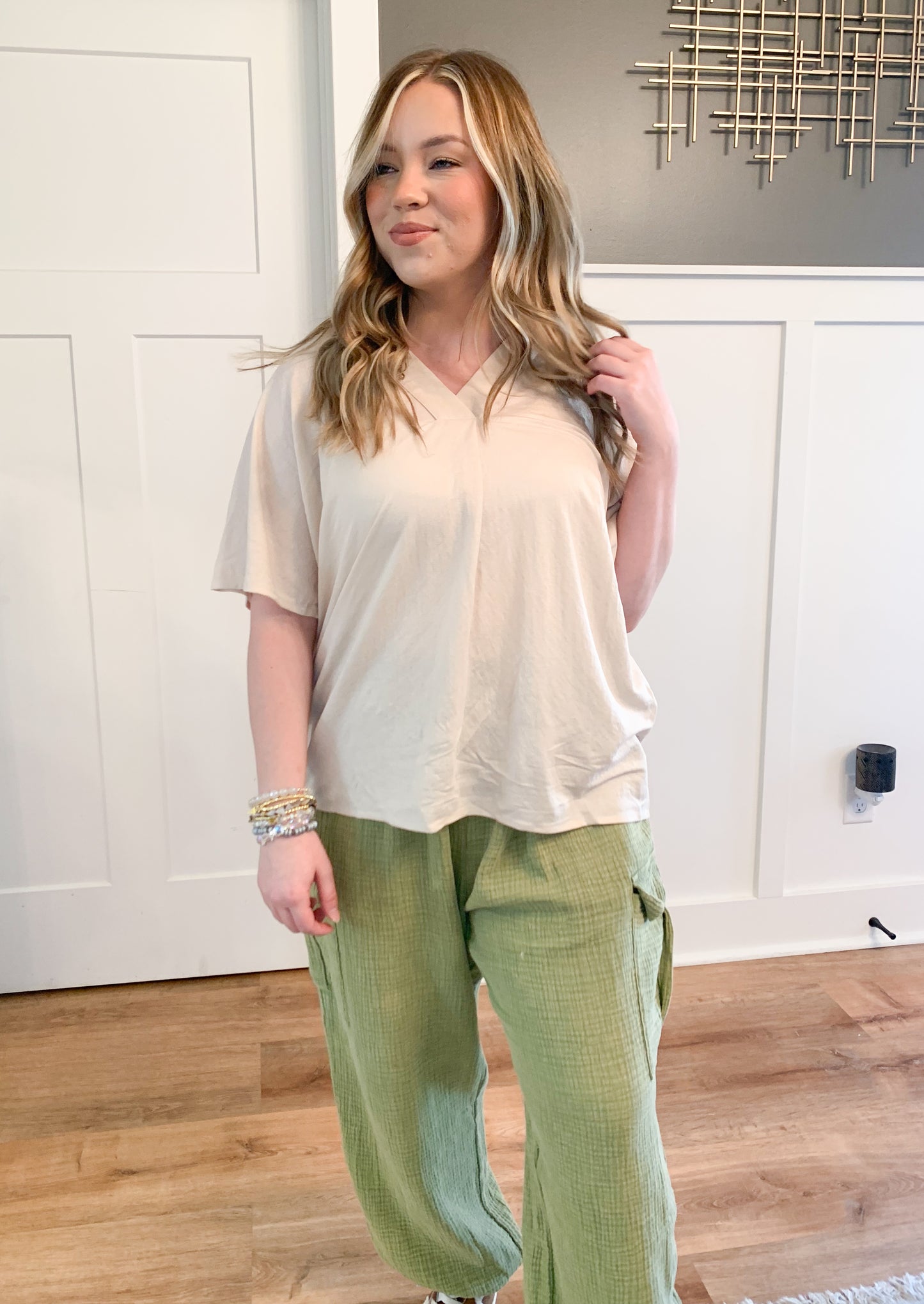 Summer Linen V-Neck Top, Beige