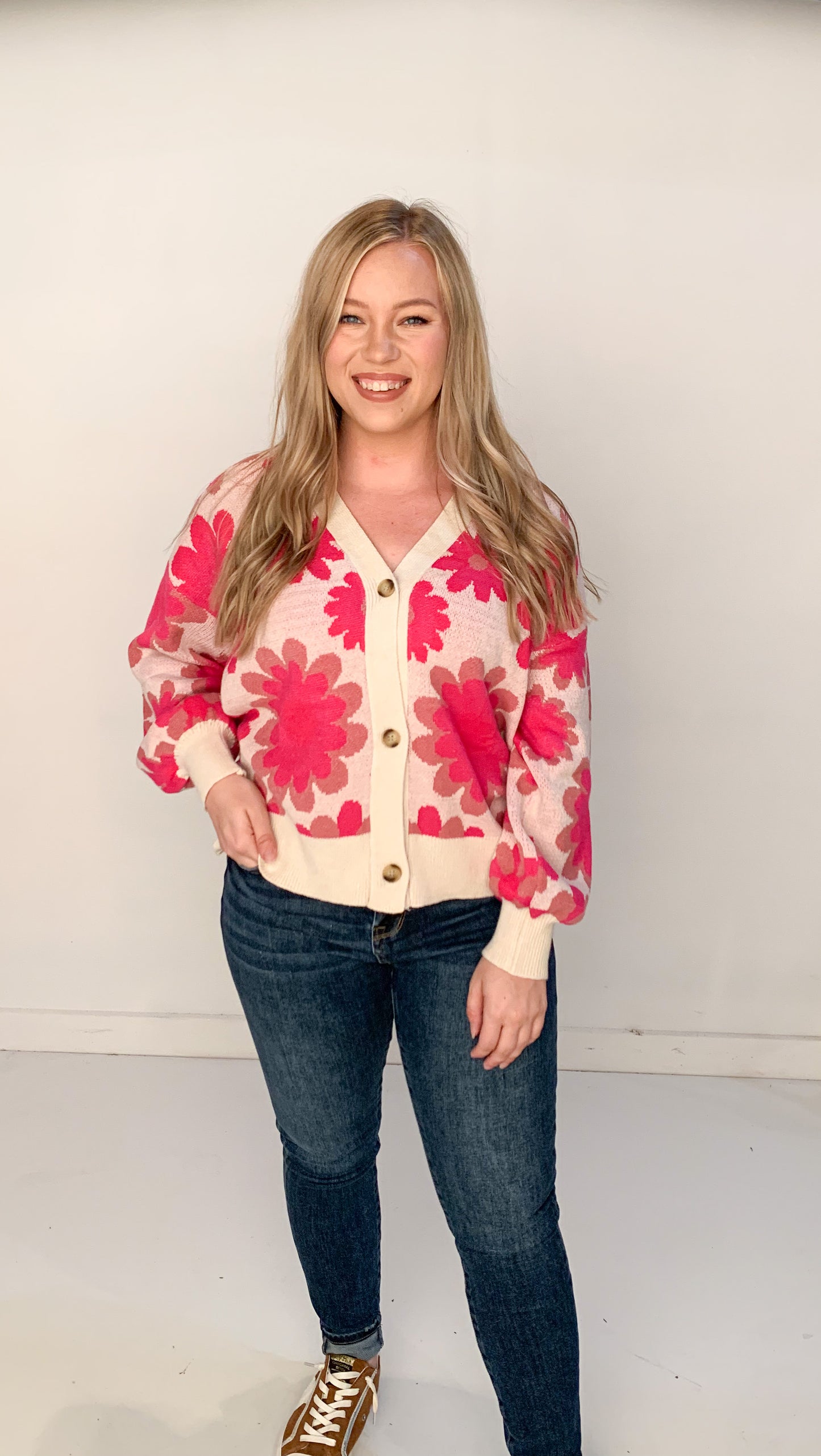 Groovy Button Up Floral Cardigan, Pink