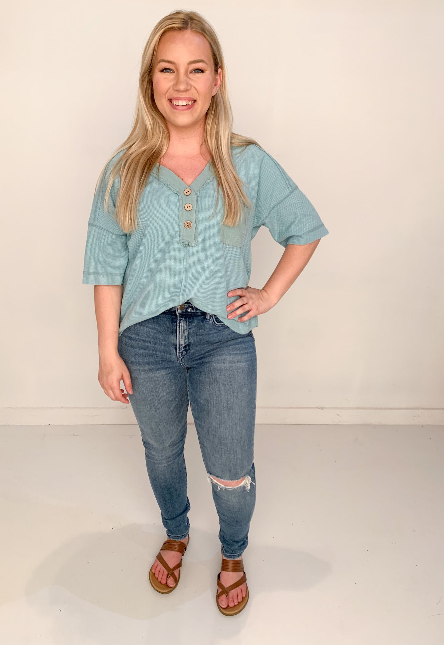 Junie V-Neck Waffle Knit Pocket Tee, Blue