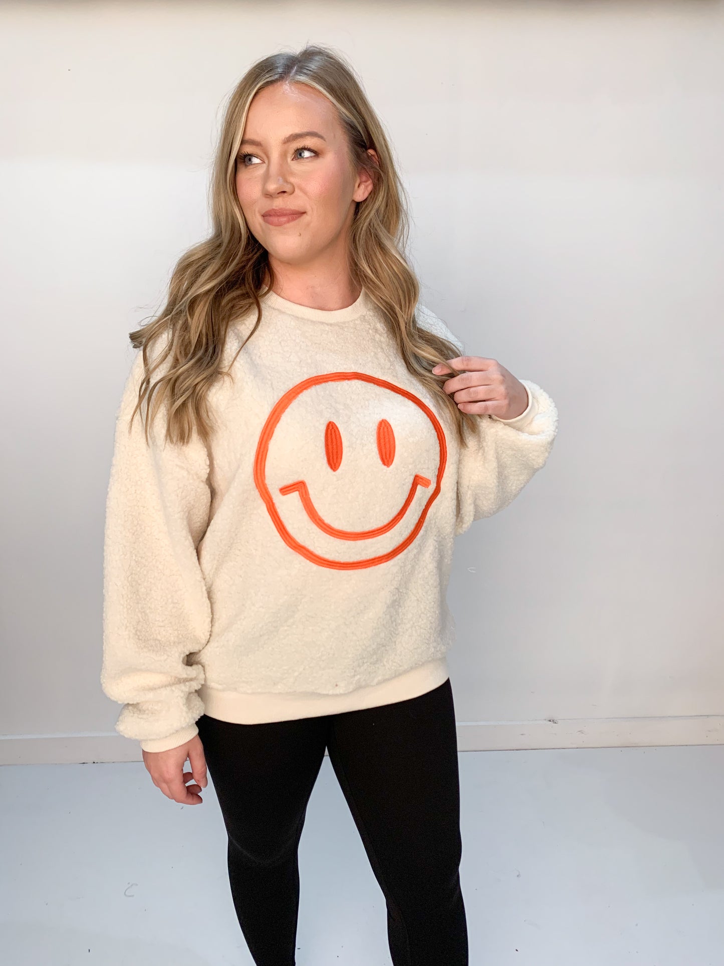 Smiley Embroidered Fleece Crewneck Sweatshirt, Cream