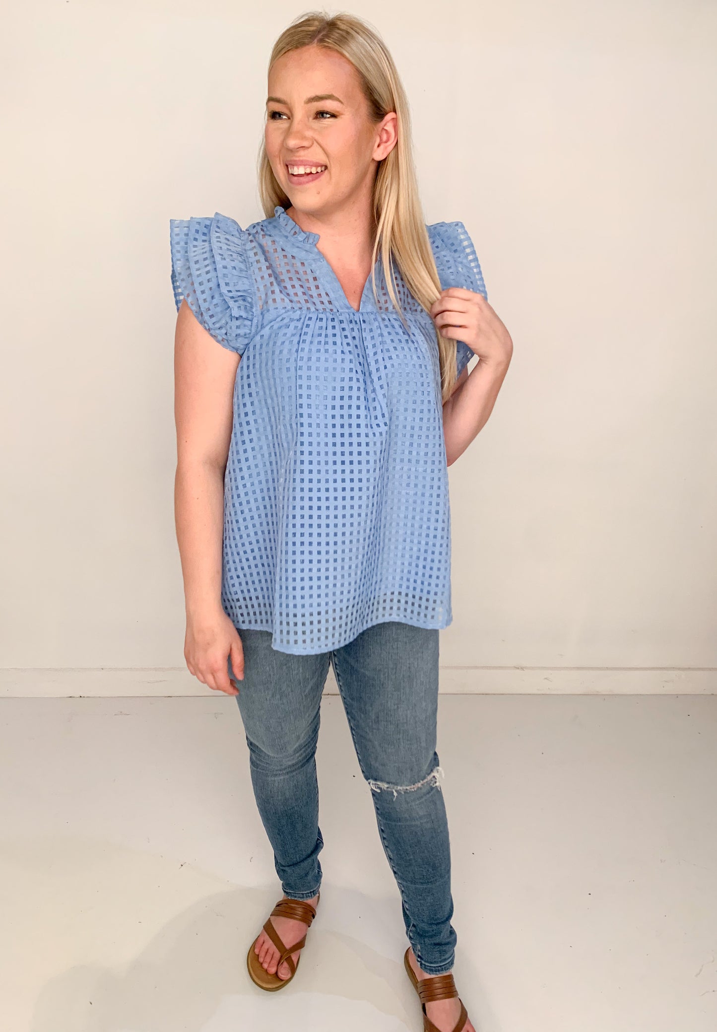 Kristen V-Neck Ruffle Organza Babydoll Blouse, Ocean