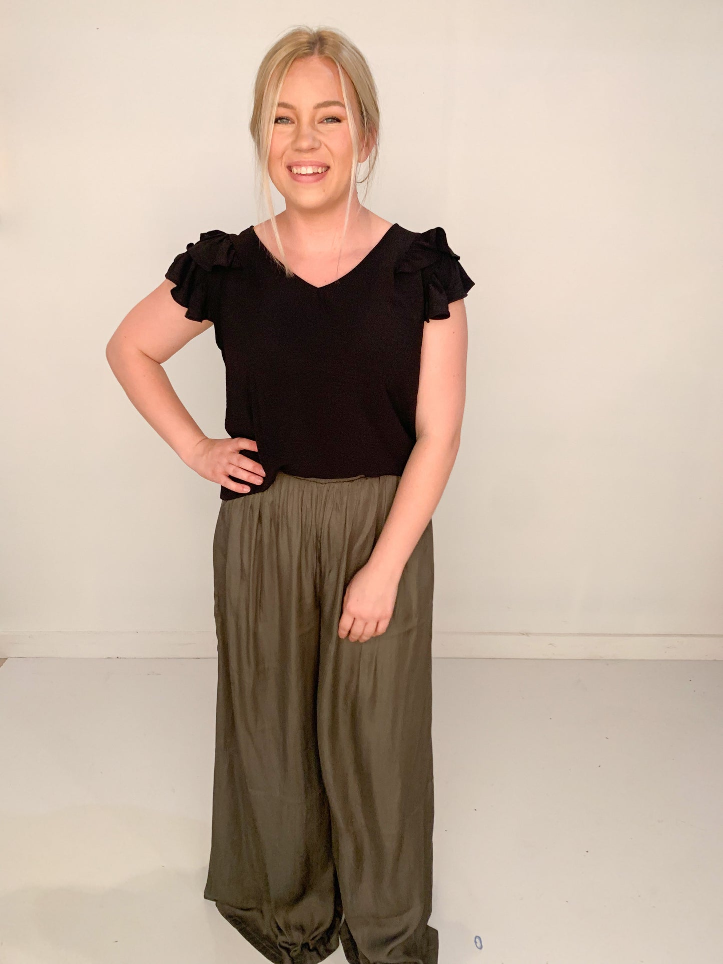 Ella Satin Palazzo Pants, Olive