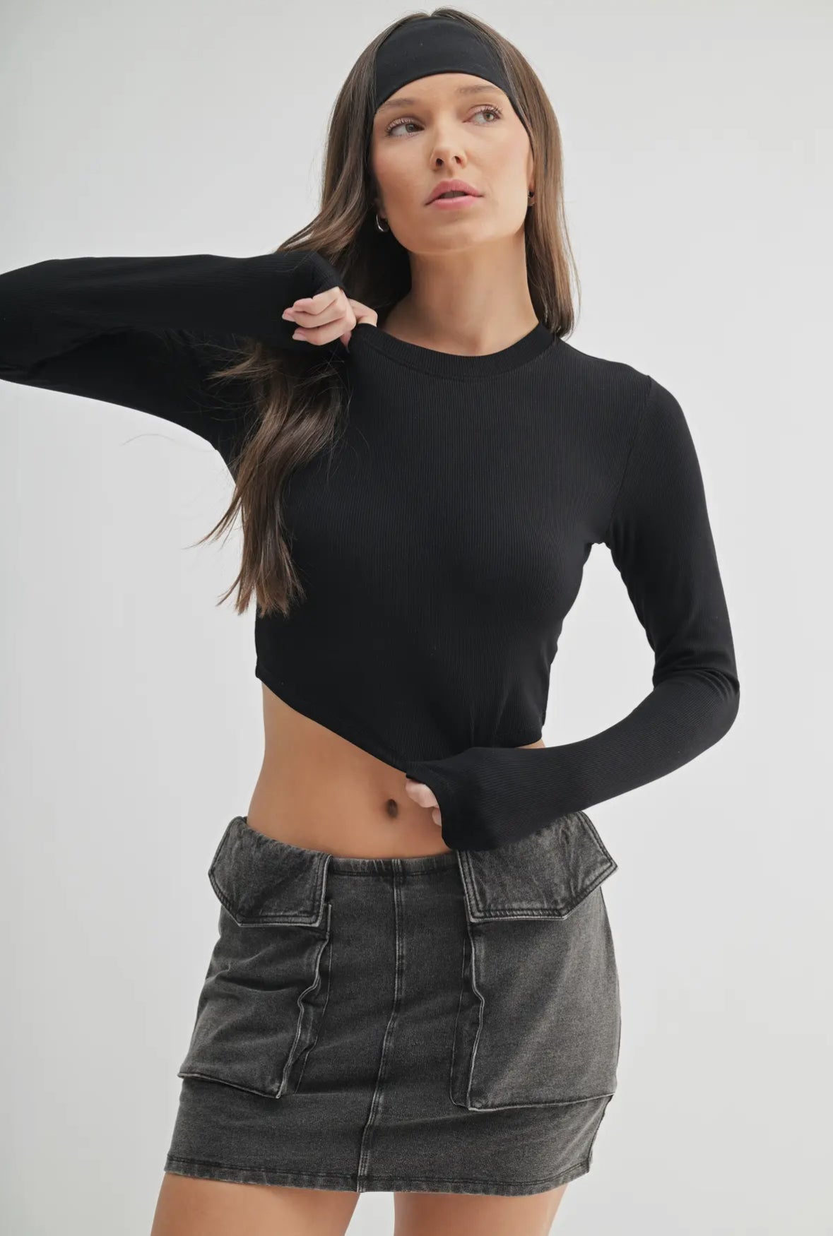 Vanessa Essential Micro-Rib Cropped Long Sleeve Athleisure Top, Black