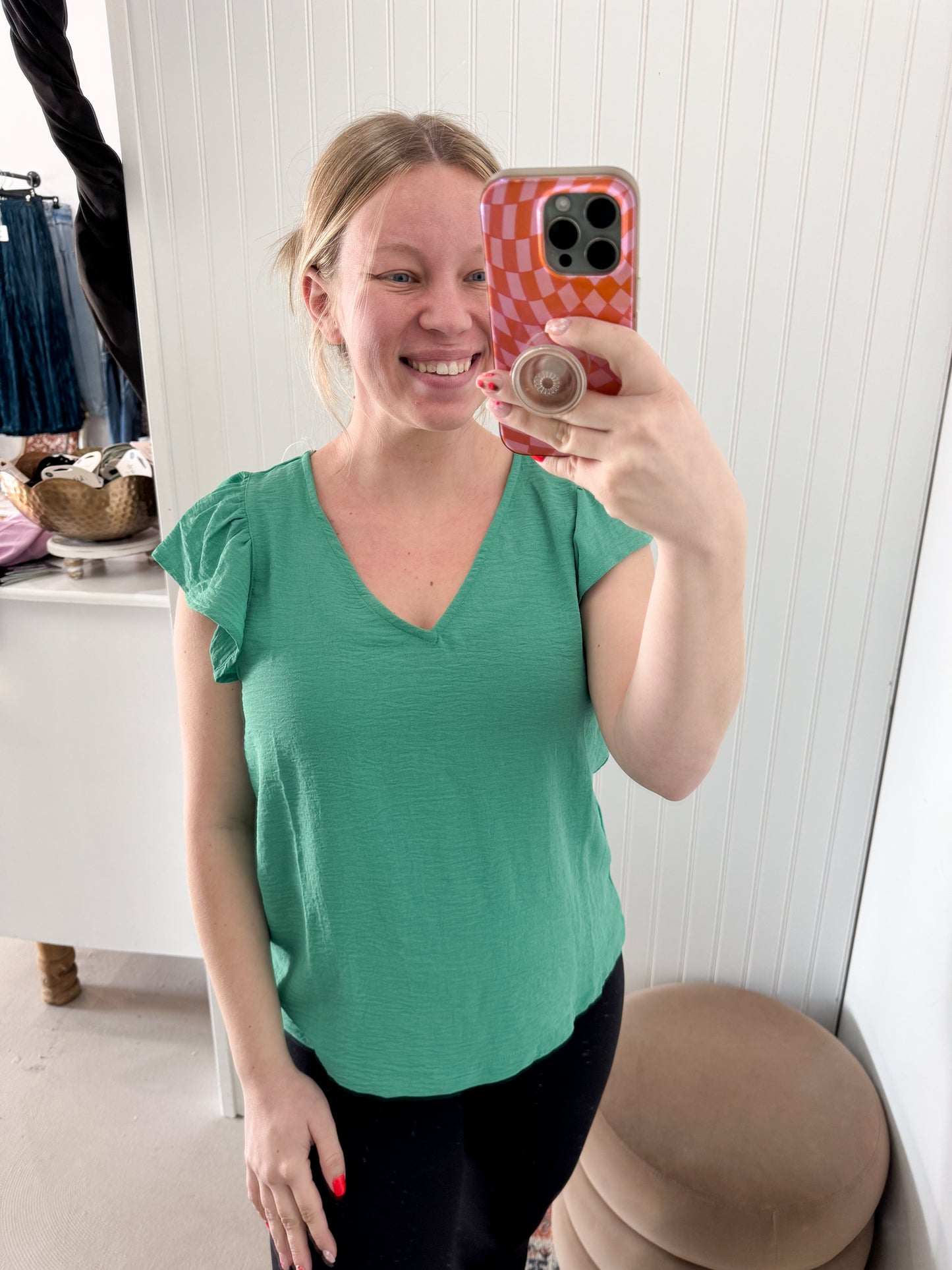 Cora V-Neck Flutter Sleeve Blouse, Green