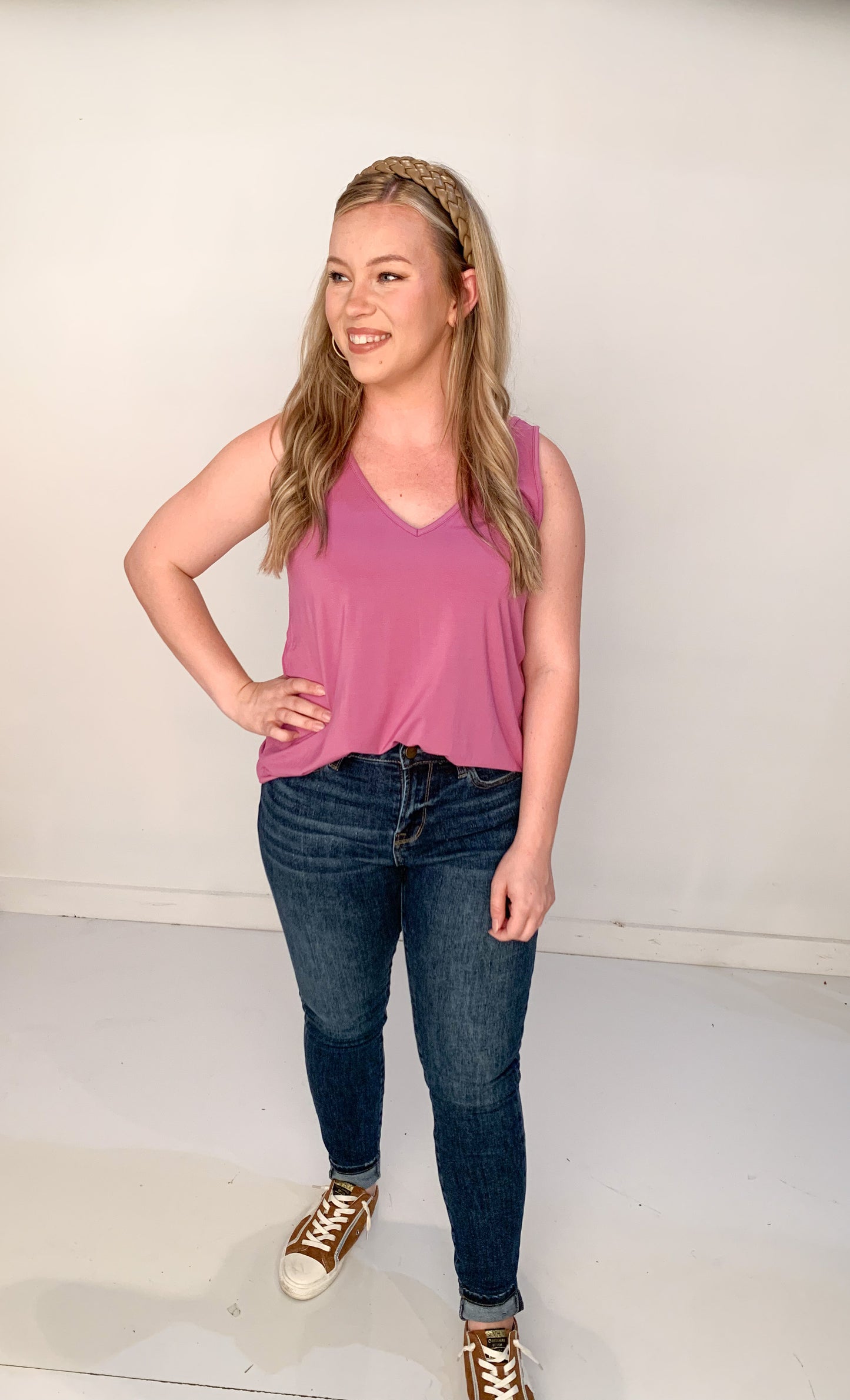 Sally Double V Tank Top, Dahlia
