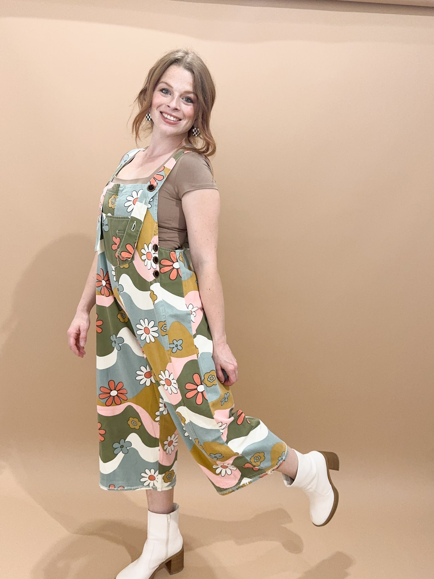 Livi Retro Floral Printed Twill Overalls, Olive / Camel
