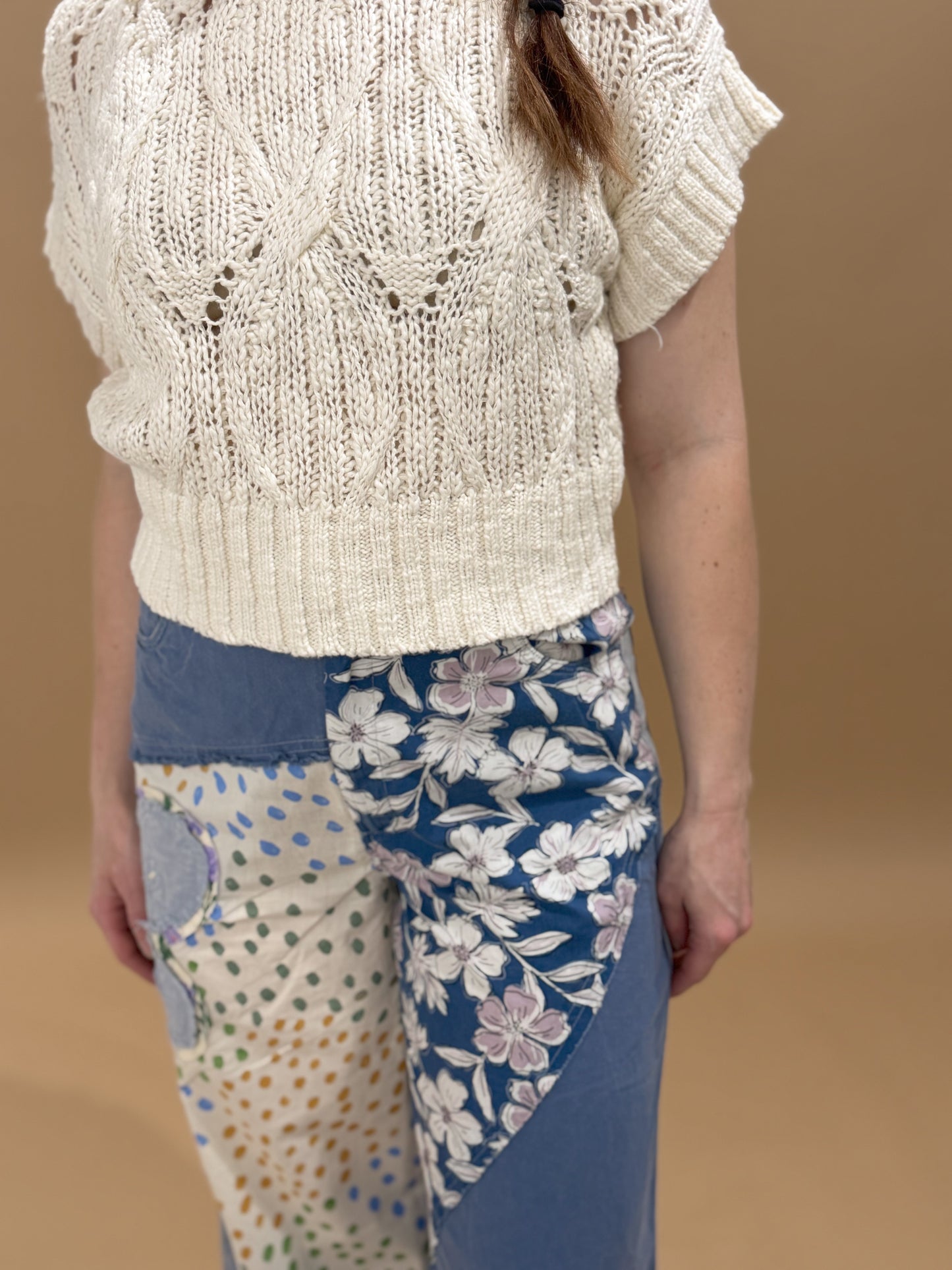 Anika Flower Patch Mixed Print Woven Wide Leg Pants, Denim
