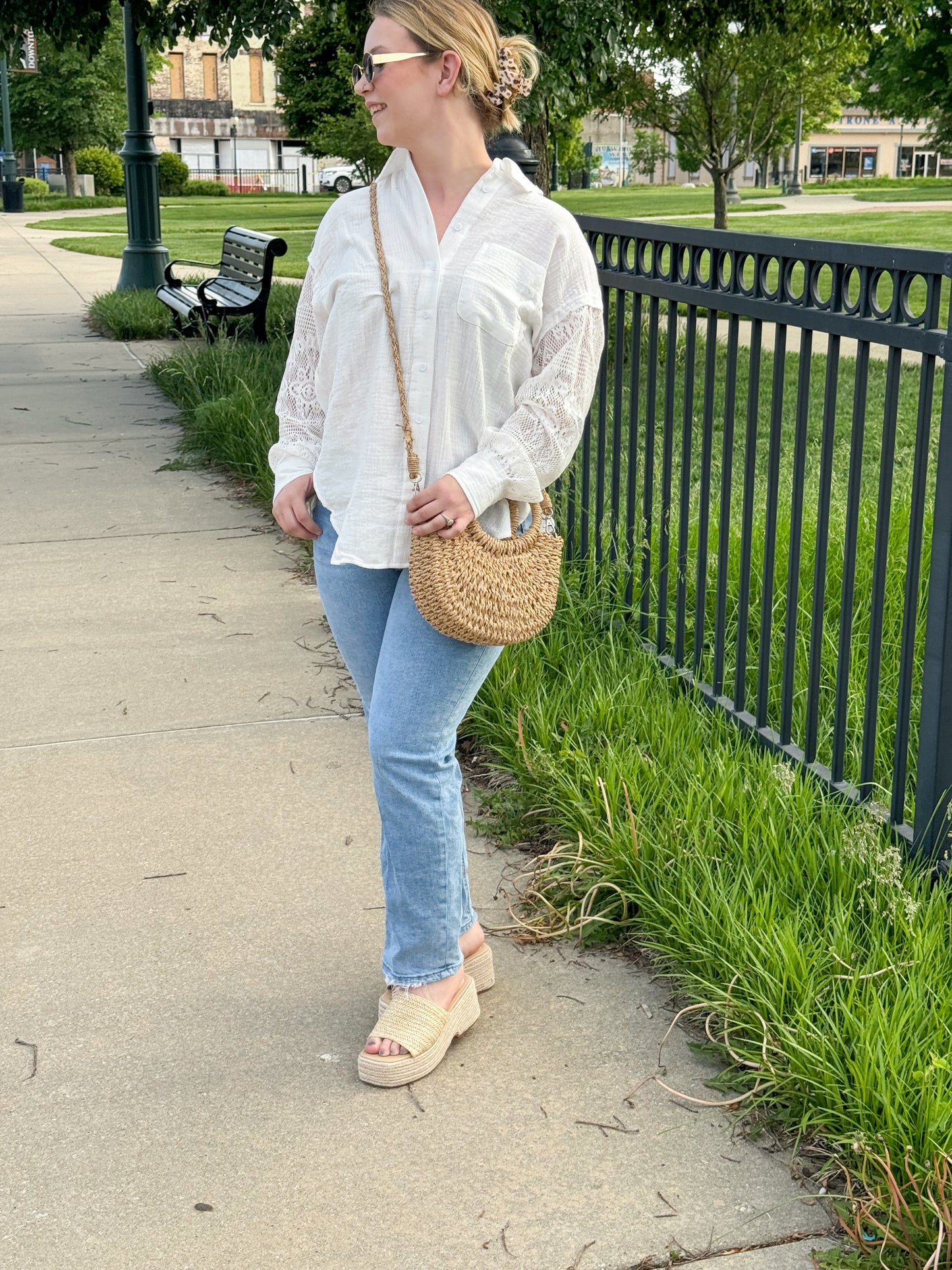 Athens Linen Button Up w/ Crochet Sleeves, White