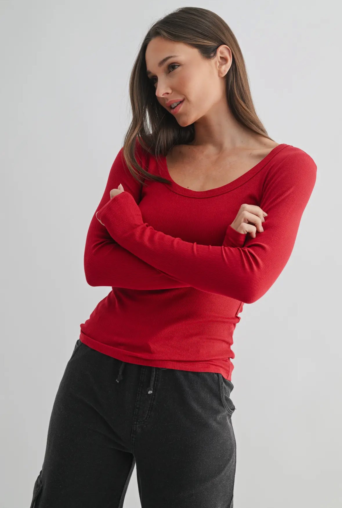 Grace Slim Fit Micro-rib Scoop Neck Long Sleeve, Garnet Red