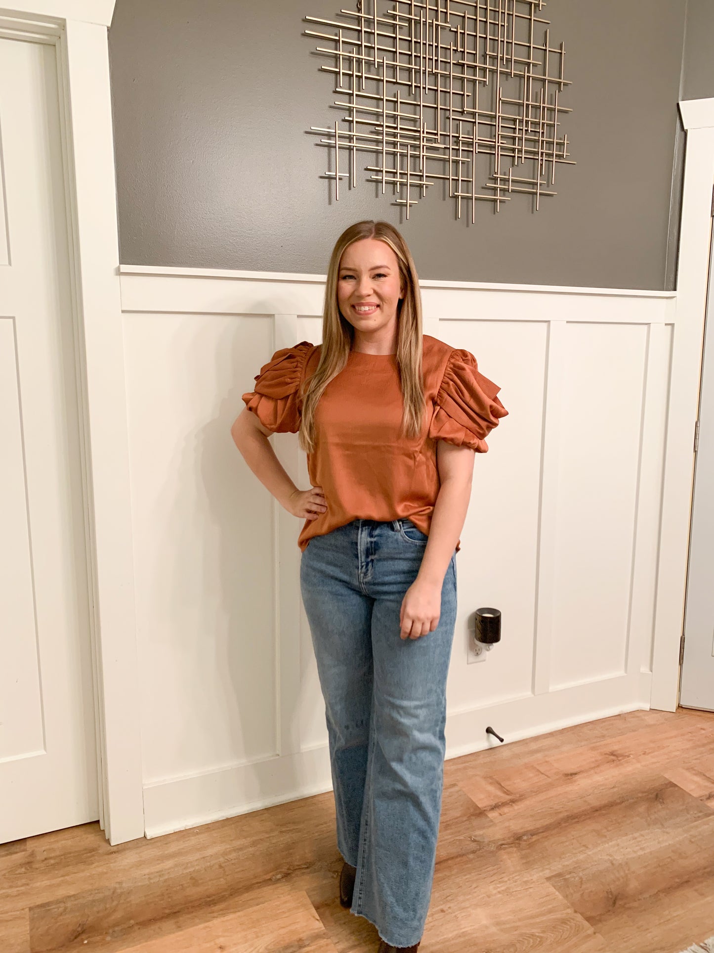 Avery Satin Fall Drape Sleeve Detail Blouse, Bronze
