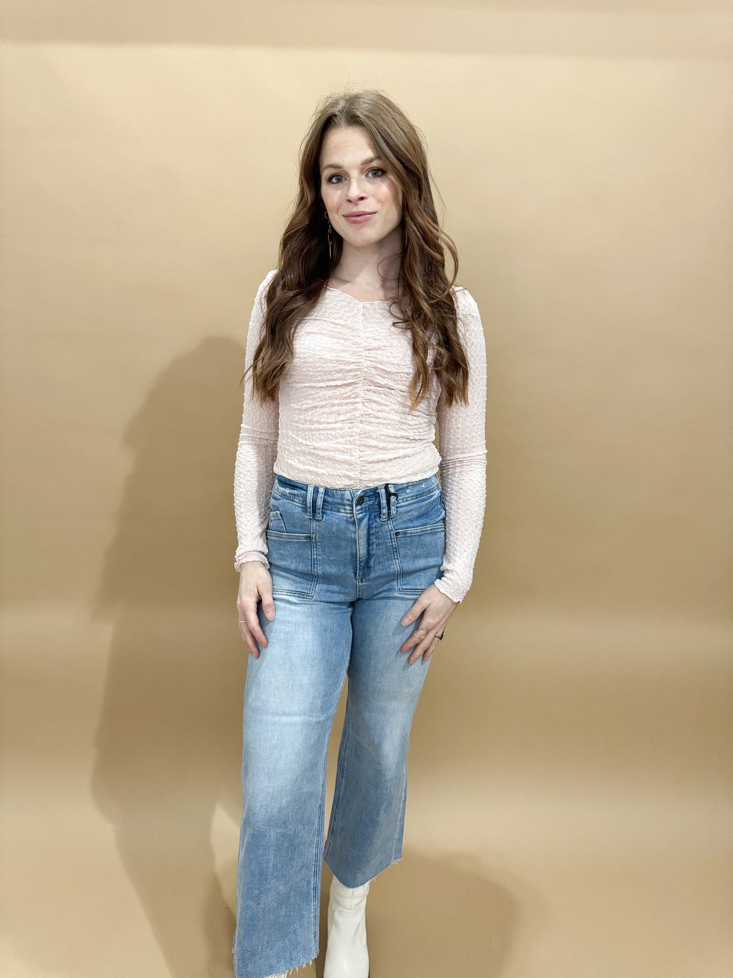 Eliza Super High Rise Wide Leg Crop w/ Square Front Pockets, Mica Denim