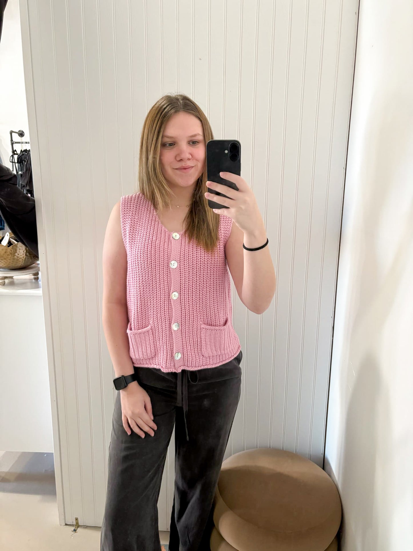 Hazel Button Down Chunky Knit Sweater Vest, Pink