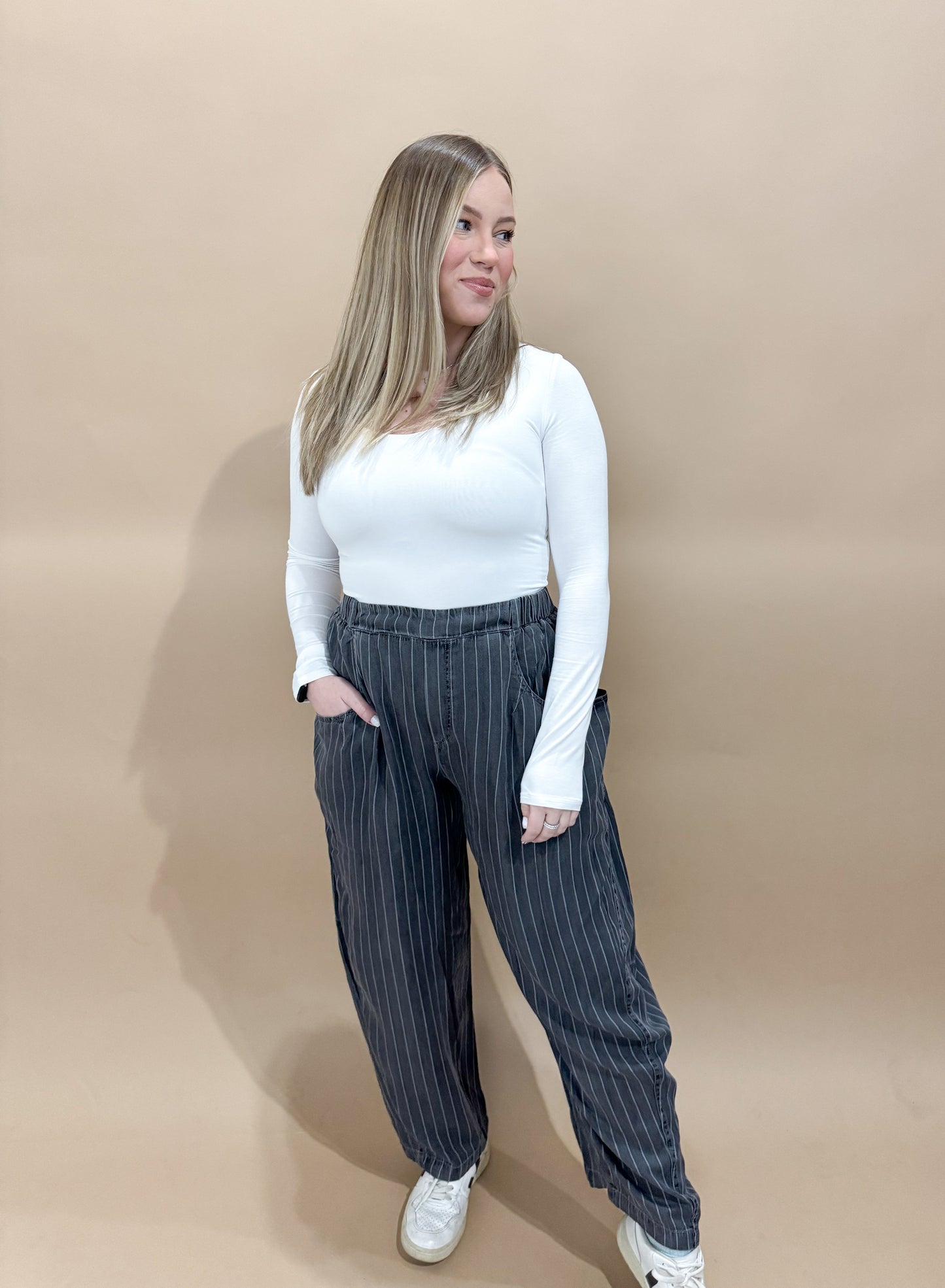 Bree High Waist Tencel Denim Barrel Pants, Grey Black