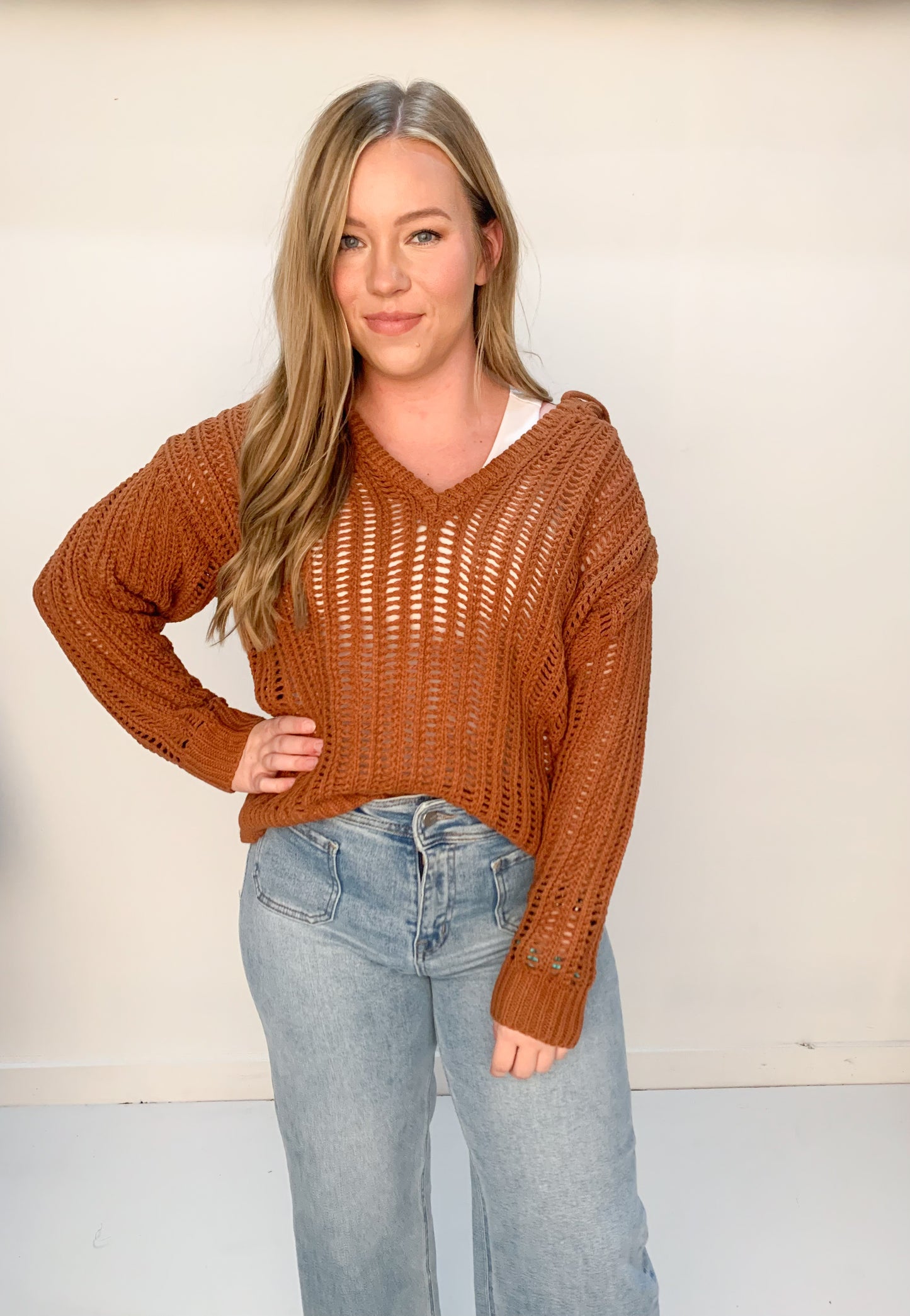 Tymber Open Knit Hooded Sweater, Brick