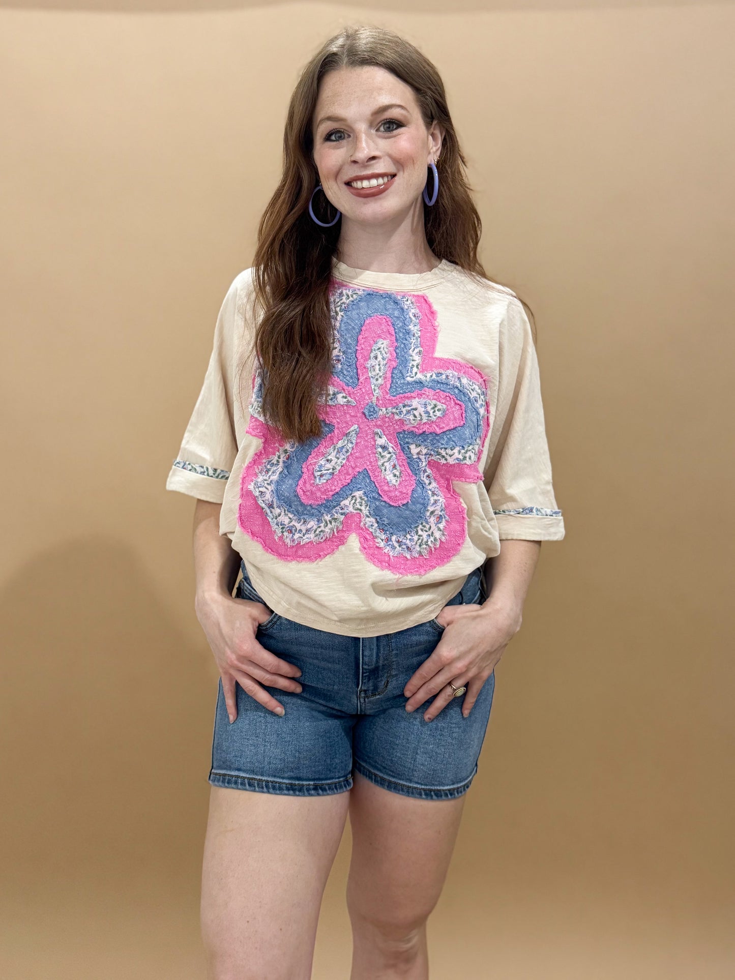 Conleigh Short Sleeve Embroidered Flower Patch Boxy Top, Cream