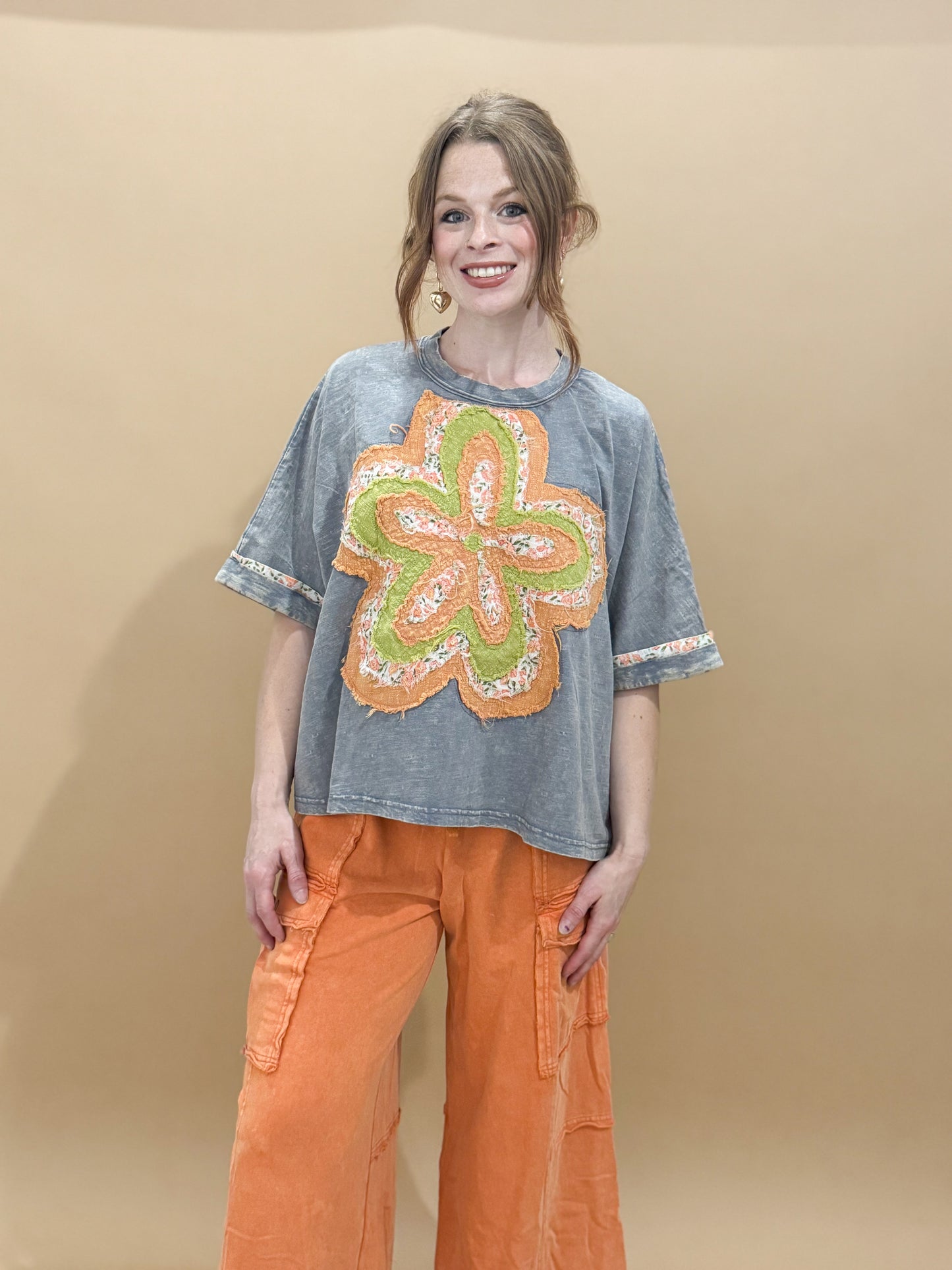Conleigh Short Sleeve Embroidered Flower Patch Boxy Top, Slate