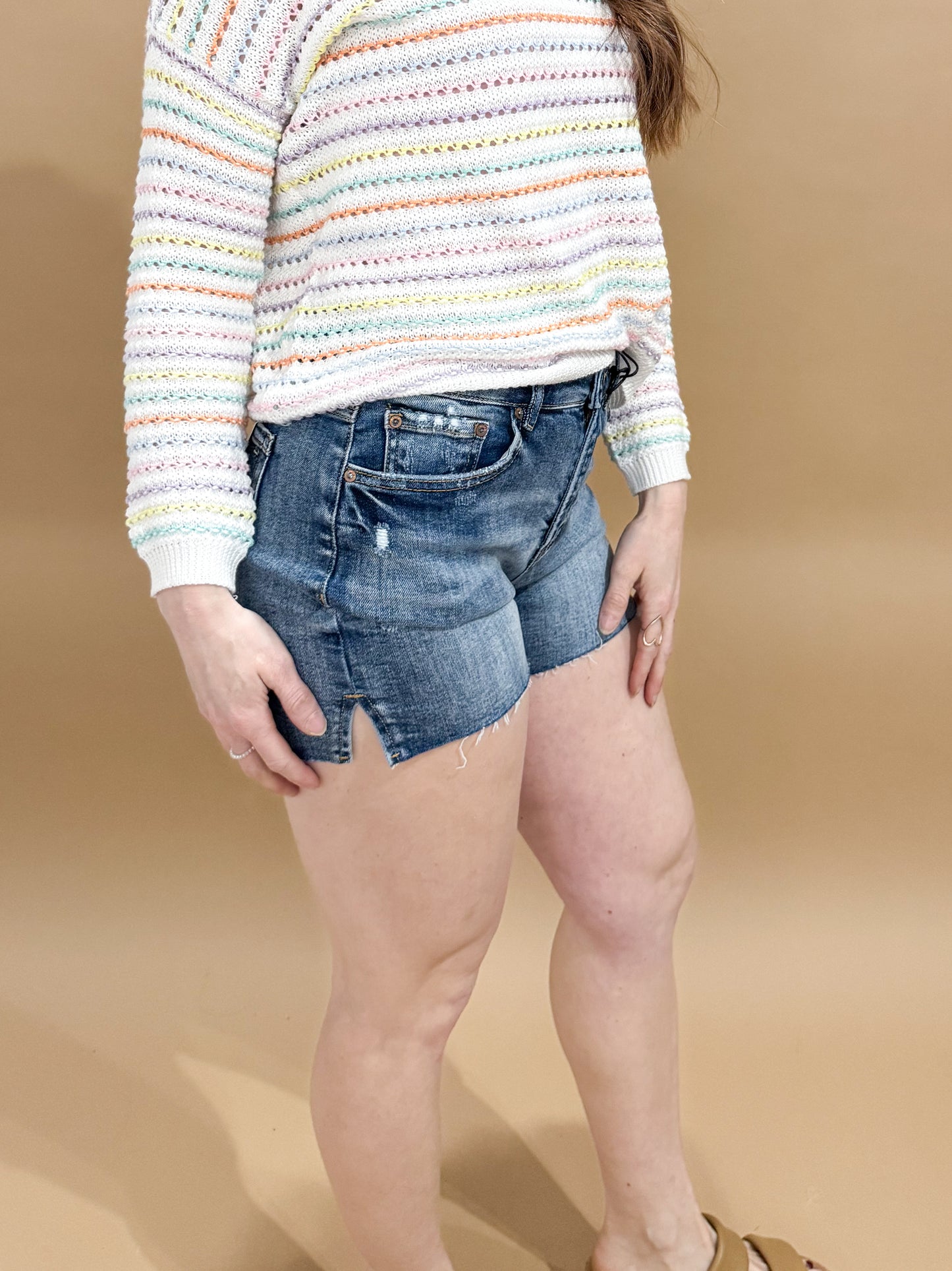 Iris High Rise Raw Hem Vintage Blue Wash Shorts, Mica Denim
